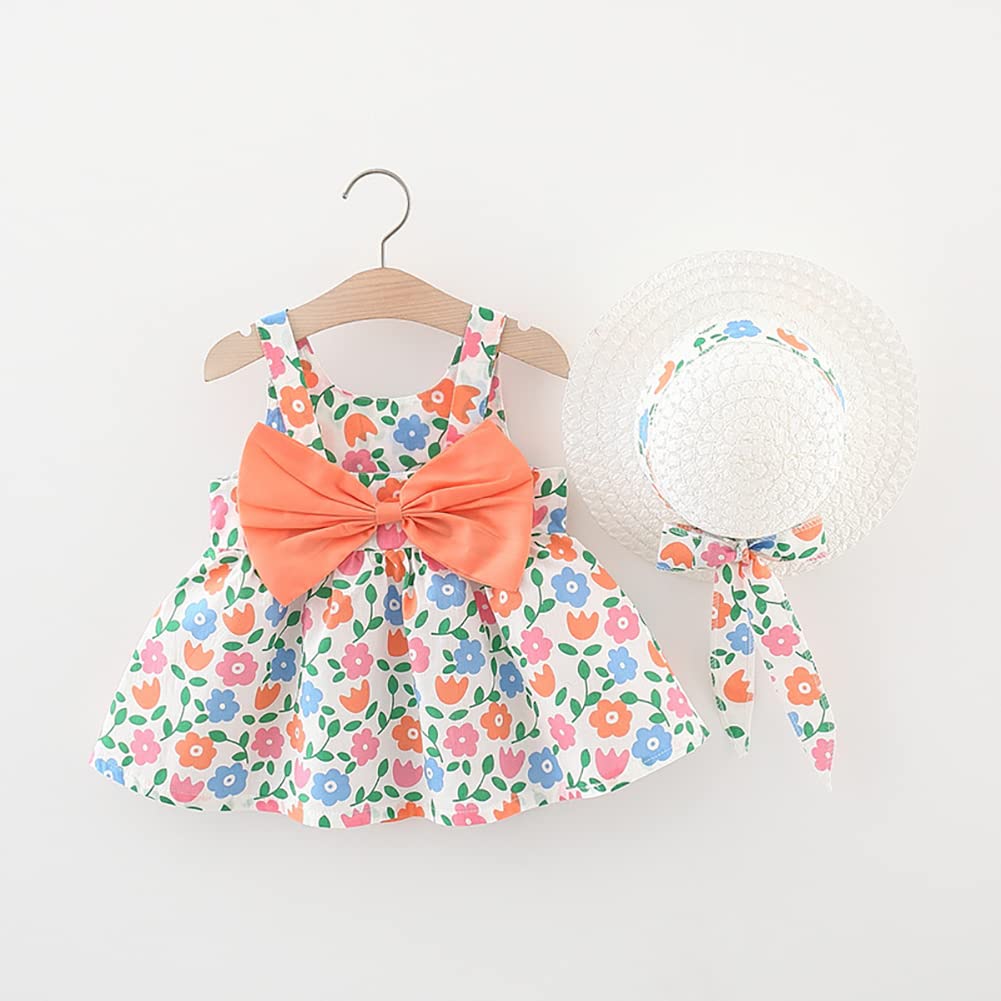 IDOPIP Baby Girl Tutu Dress - Sleeveless Backless Princess Party Dress with Flower Bow & Straw Hat Set | Summer Birthday, Photo Shoot, Beach Outfit, Easter Dress