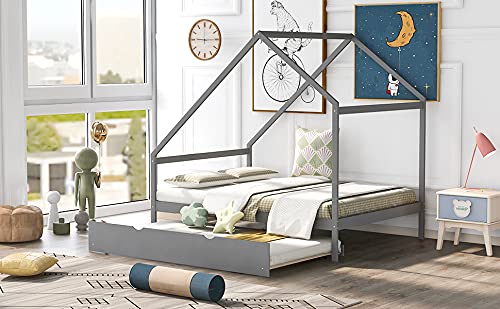 **Full Size Wooden House Bed with Twin Trundle - Solid Wood Platform Bed Frame with Roof for Kids, Teens & Toddlers - Gray - Perfect for Nursery, Playroom & Kids' Bedroom Decor**