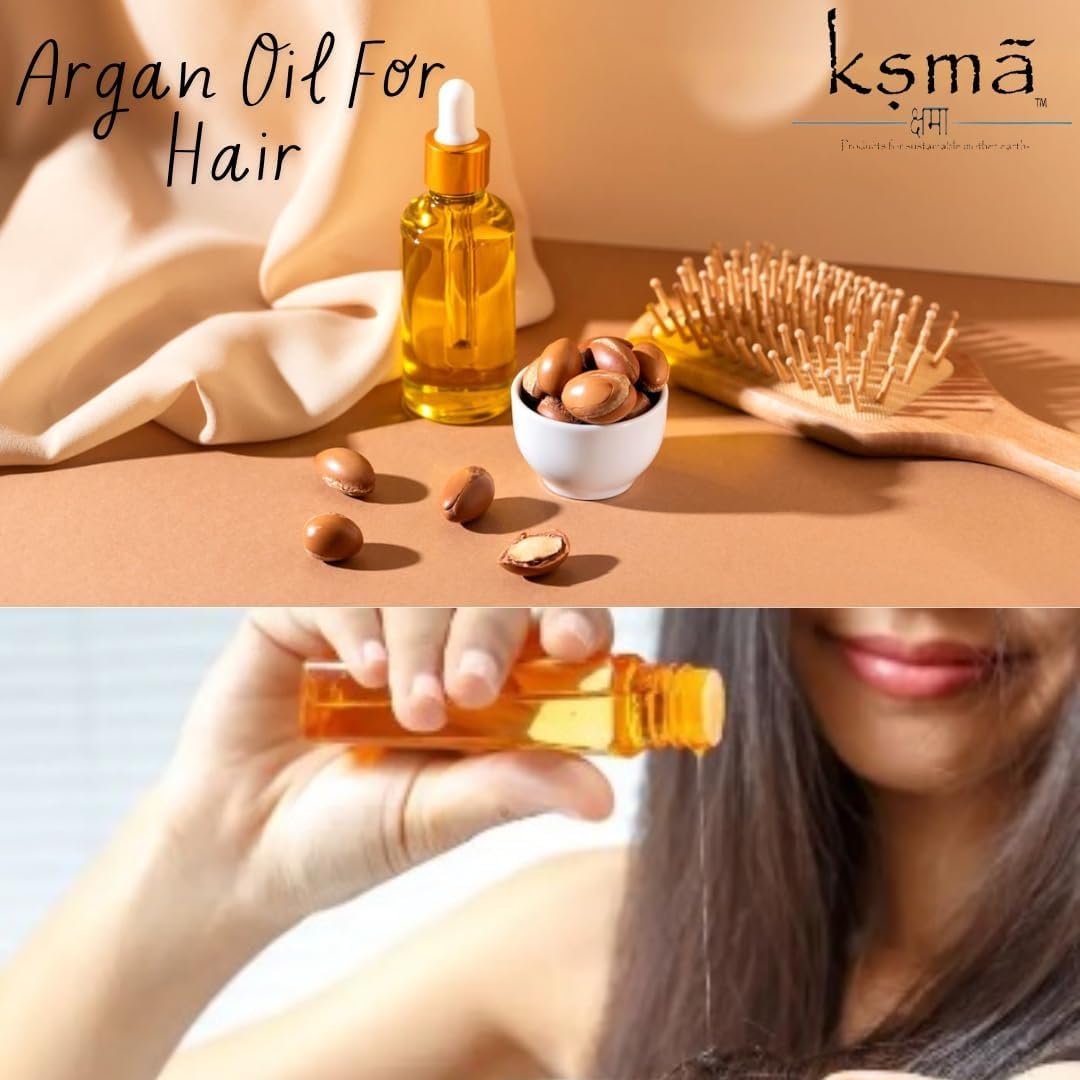 Ksma Organic Cold-Pressed Argan Oil for Hair & Skin Care - 100% Pure Moroccan Argan Oil for Dry Hair, Frizzy Hair & Skin Hydration (100ml) - Perfect for Daily Hair Treatment, Face Moisturizer & Massage Oil