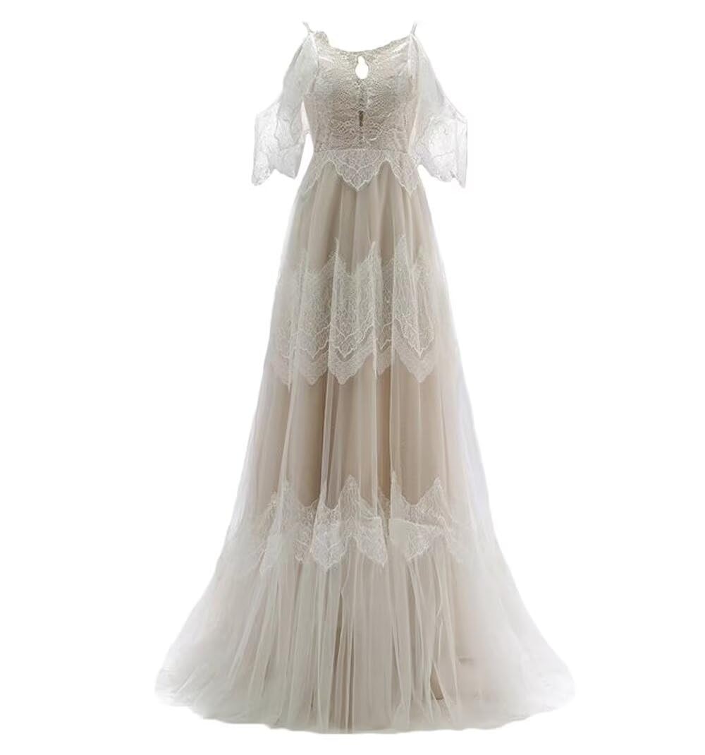 Boho Lace Wedding Dress with Sleeves & Spaghetti Straps - Elegant Bridal Gown for Women | Perfect for Beach, Garden & Vintage Theme Weddings
