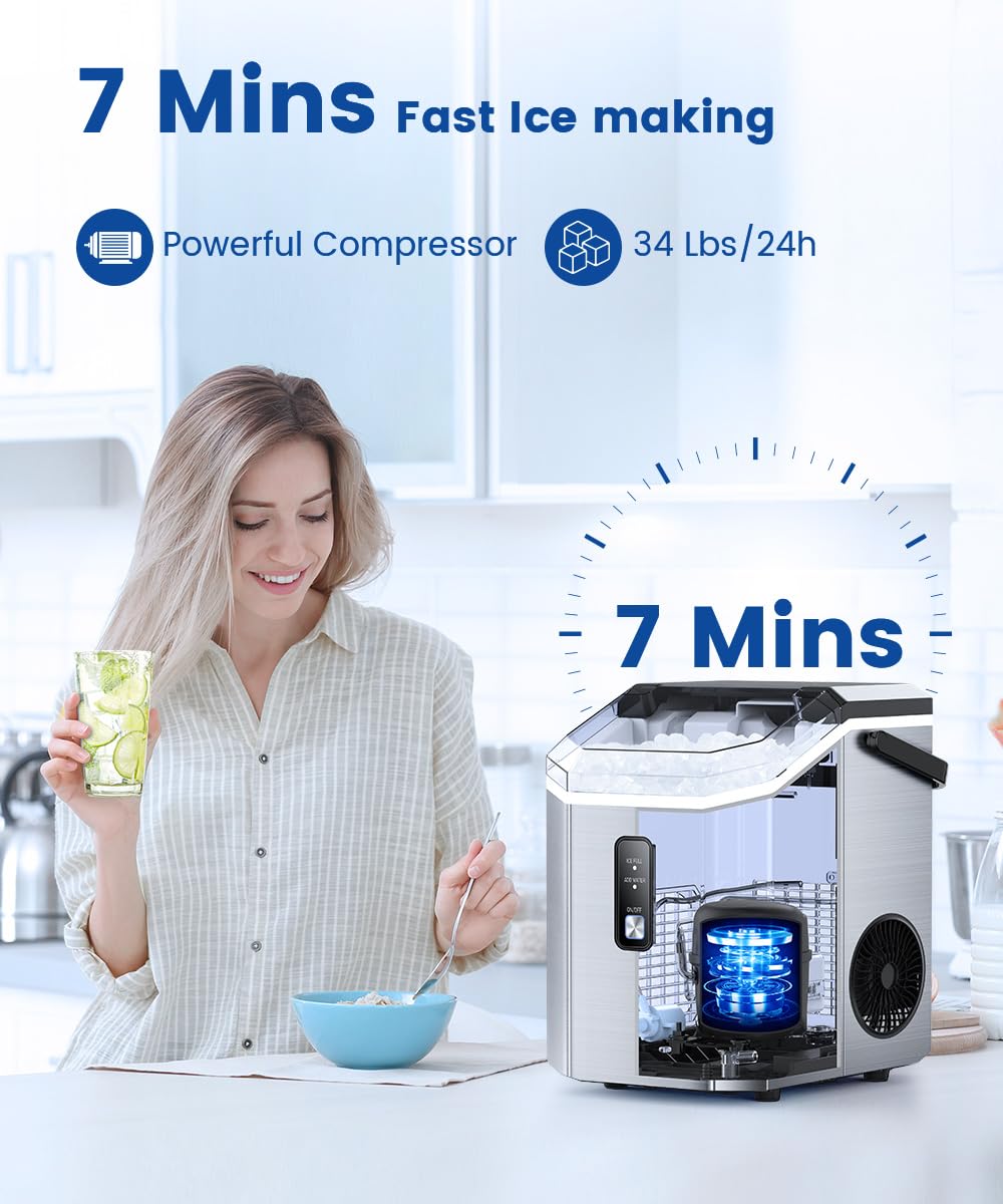COWSAR Countertop Nugget Ice Maker - 34lbs/24H Soft Chewable Pebble Ice Machine with Auto-Cleaning, One-Click Operation, Includes Basket & Scoop - Perfect for Home, Kitchen, Office, Parties & Outdoor Use