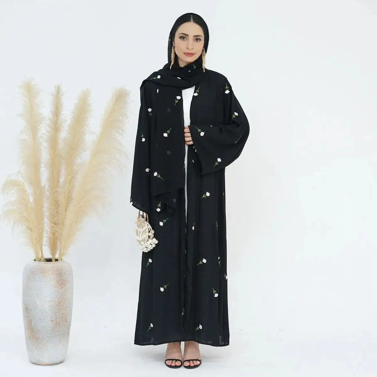 Elegant Floral Embroidered Nida Cardigan Open Abaya Dress with Matching Hijab - Perfect for Modest Fashion, Prayer Wear & Special Occasions