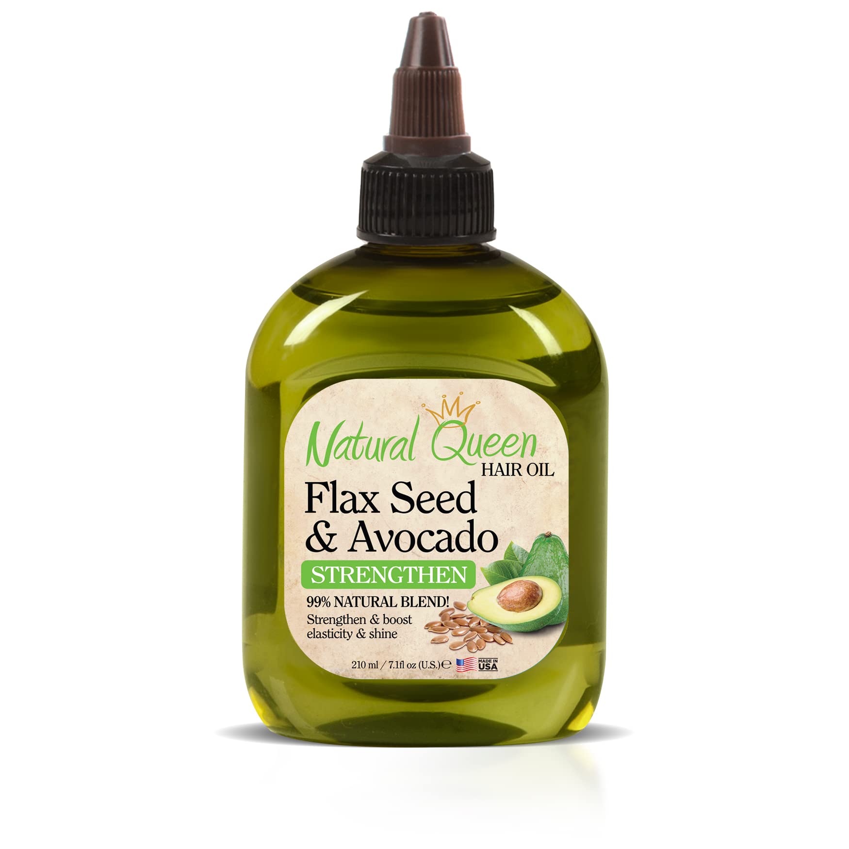 Natural Queen Strengthen Flax Seed & Avocado Hair Oil 7.1 oz - Organic Hair Growth Treatment for Damaged Hair | Deep Conditioning for Dry, Frizzy & Curly Hair | Perfect for Daily Nourishment & Styling