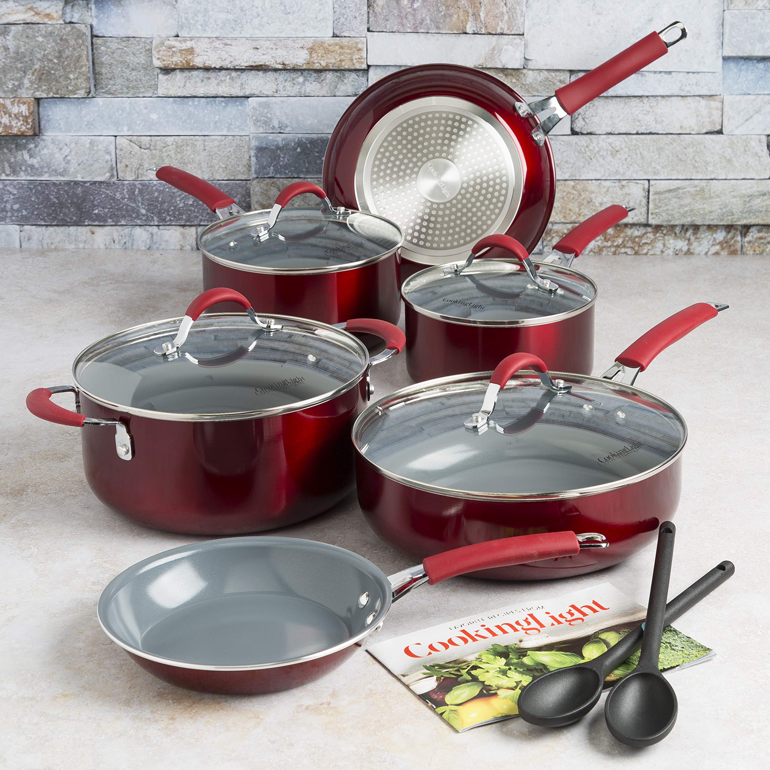 **Nonstick Ceramic Cookware Set - 12-Piece Pots and Pans with Silicone Stay-Cool Handles, Dishwasher Safe, Red - Perfect for Healthy Cooking & Family Meals**