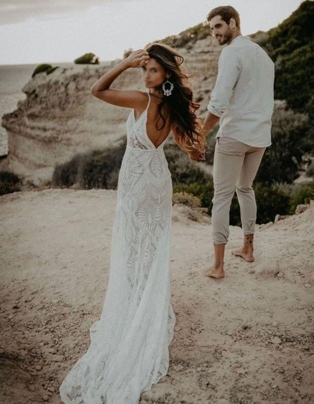 Boho Lace Wedding Dress with Long Sleeves | Deep V-Neck Backless Sheath Gown | Bohemian Bridal Dress for Beach, Garden & Outdoor Weddings