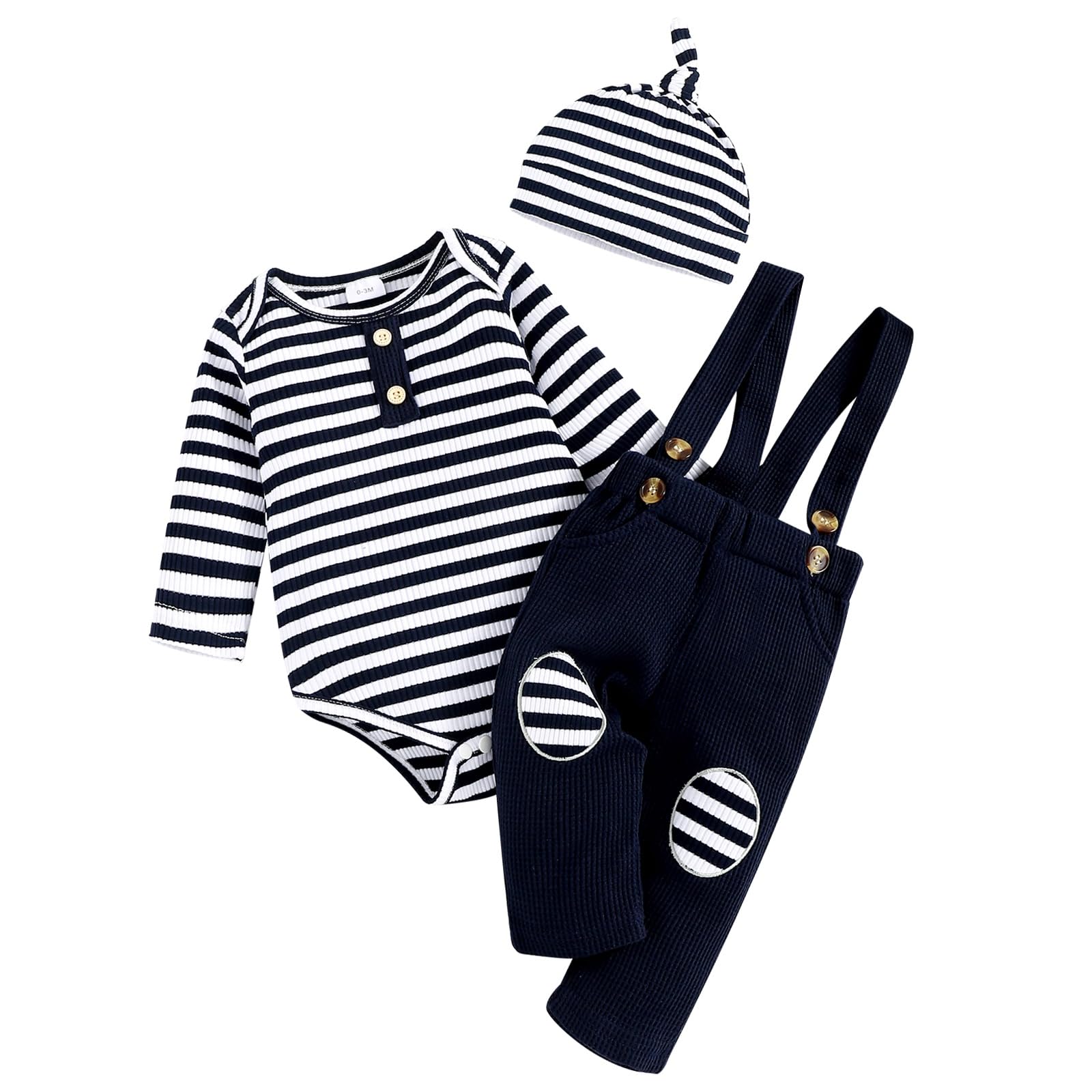 Baby Boy Clothes Set - Newborn Fall Winter Outfit with Long Sleeve Striped Romper, Overalls, Suspenders & Hat | Warm Winter Baby Clothes for Boys 0-24 Months | Perfect for Family Photos, Holiday Outings & Daily Wear