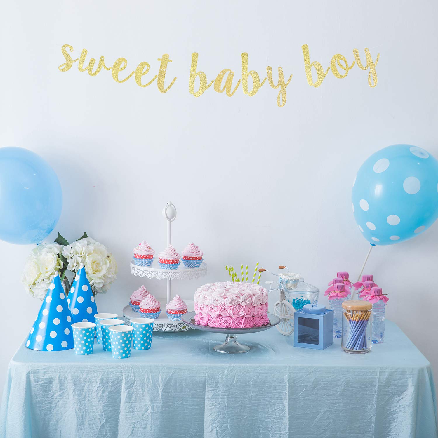 LINGTEER Sweet Baby Boy Gold Glitter Bunting Banner - Perfect for Baby Shower, First Birthday Party, Nursery Decor & Gender Reveal - Elegant Celebration Decorations for Boys