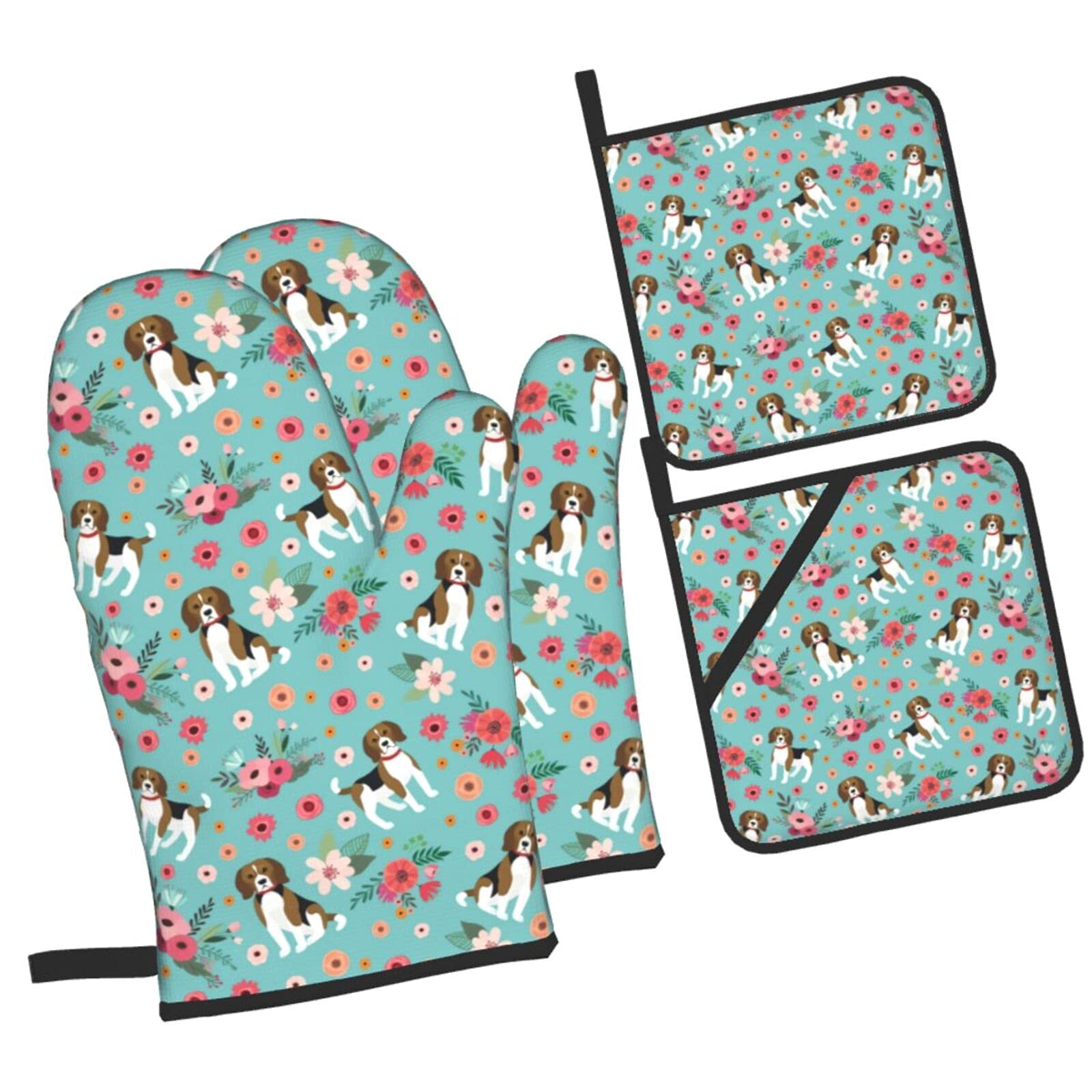 Heat Resistant Beagle 4-Piece Oven Mitts and Pot Holders Set - Non-Slip Kitchen Gloves with Cotton Lining for Cooking, Baking, BBQ & Grilling - Perfect for Home Kitchen, Outdoor Camping and Holiday Gift Giving