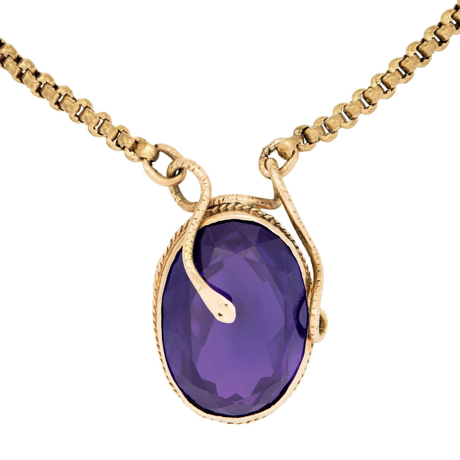 Victorian Style 14K Gold Amethyst Snake Motif Necklace for Women - Elegant Vintage Jewelry Gift for Birthday, Anniversary & Special Occasions