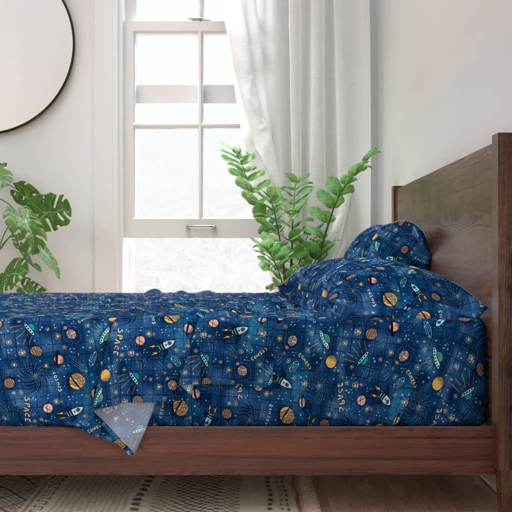 Space Themed 100% Cotton Queen 4-Piece Bedding Set - Big Stars, Moon & Planets Print | Outer Space Cosmos Design | Perfect for Kids' Rooms, Astronomy Lovers & Unique Home Decor