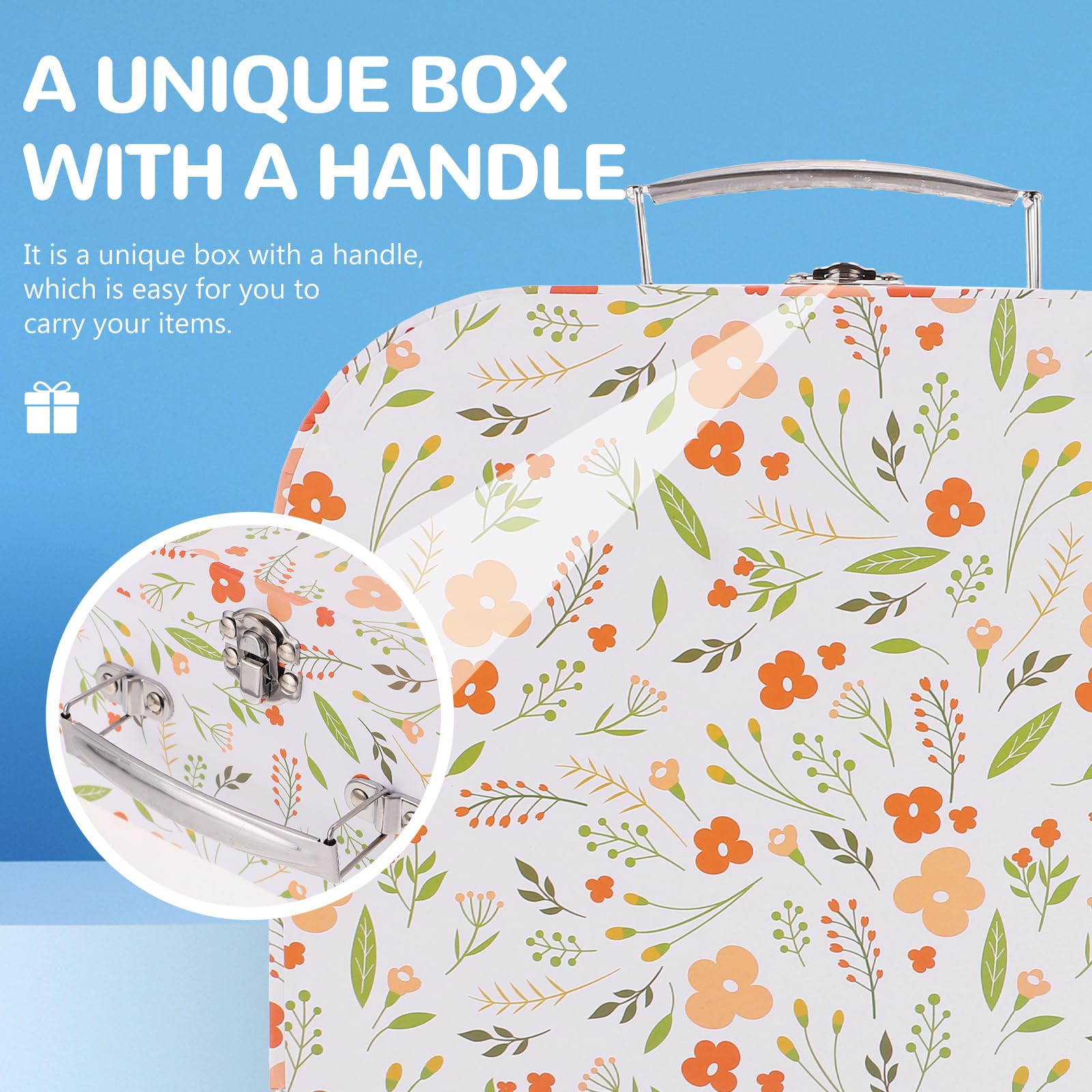 Zerodeko Decorative Paperboard Storage Box with Handle - Floral Pattern Cardboard Suitcase with Lid, Kids Toy Organizer & Handheld Storage Case for Home, Nursery, Travel & Gift Wrapping