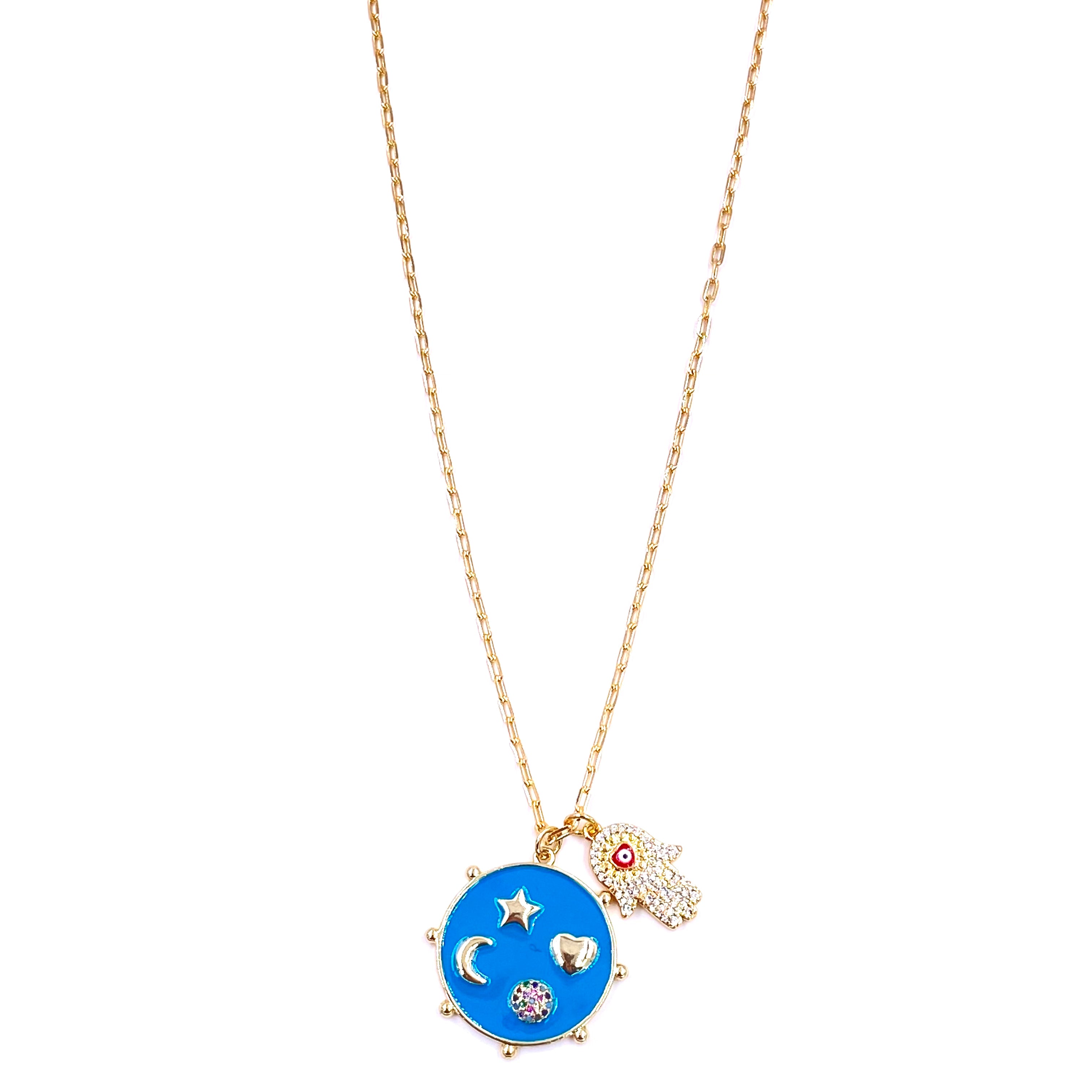 Stainless Steel Gold Plated Blue Enamel Hamsa Hand Pendant Necklace with CZ & Evil Eye Charm - Elegant Jewelry for Women, Perfect for Gift Giving, Boho Fashion & Spiritual Protection