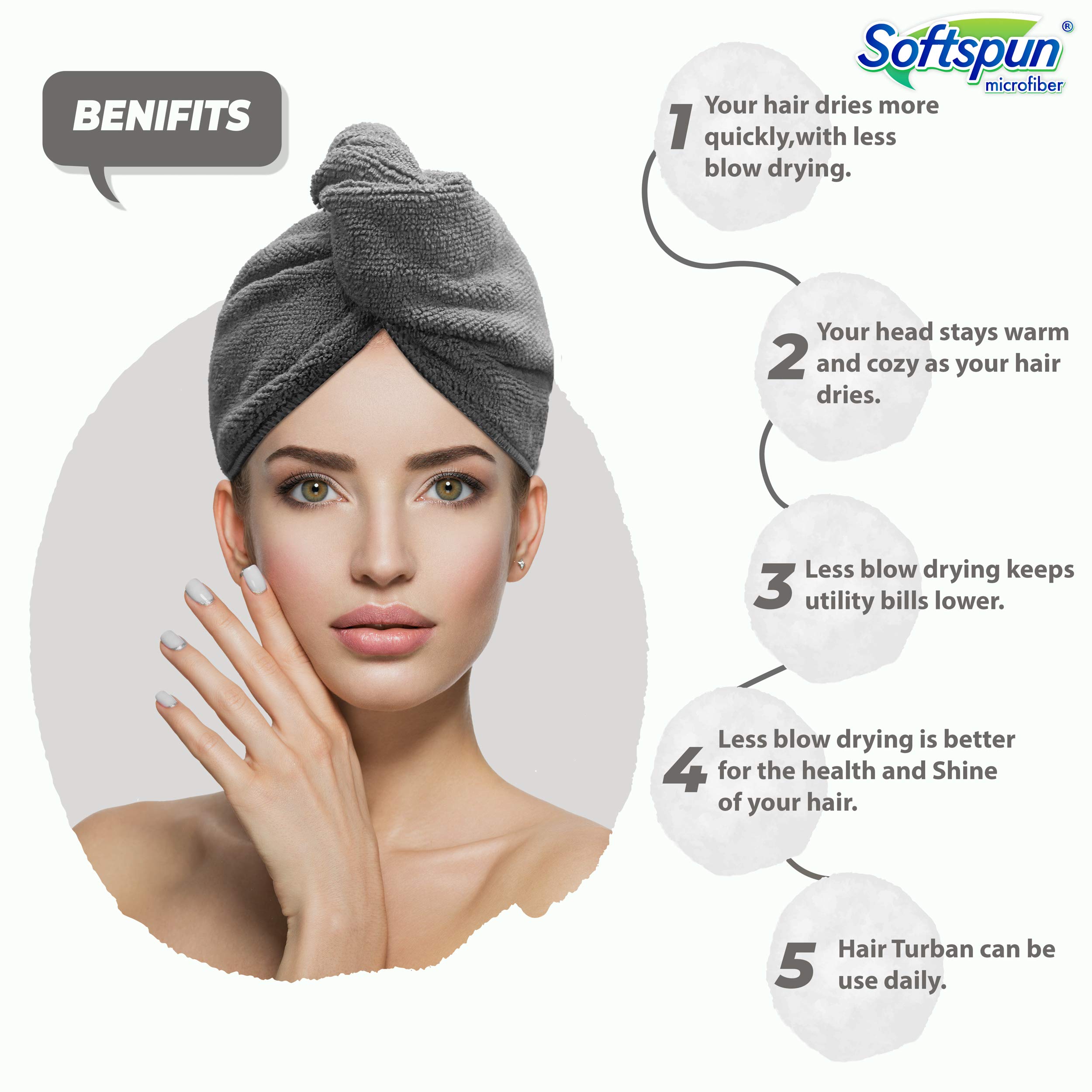 SOFTSPUN Microfiber Hair Towel Wrap - Super Absorbent Quick Dry Hair Turban for Women & Men (70x25cm, 340 GSM, Grey) - Perfect for Straight, Curly, Short or Long Hair - Salon Quality Hair Drying Cap for Shower, Gym & Travel