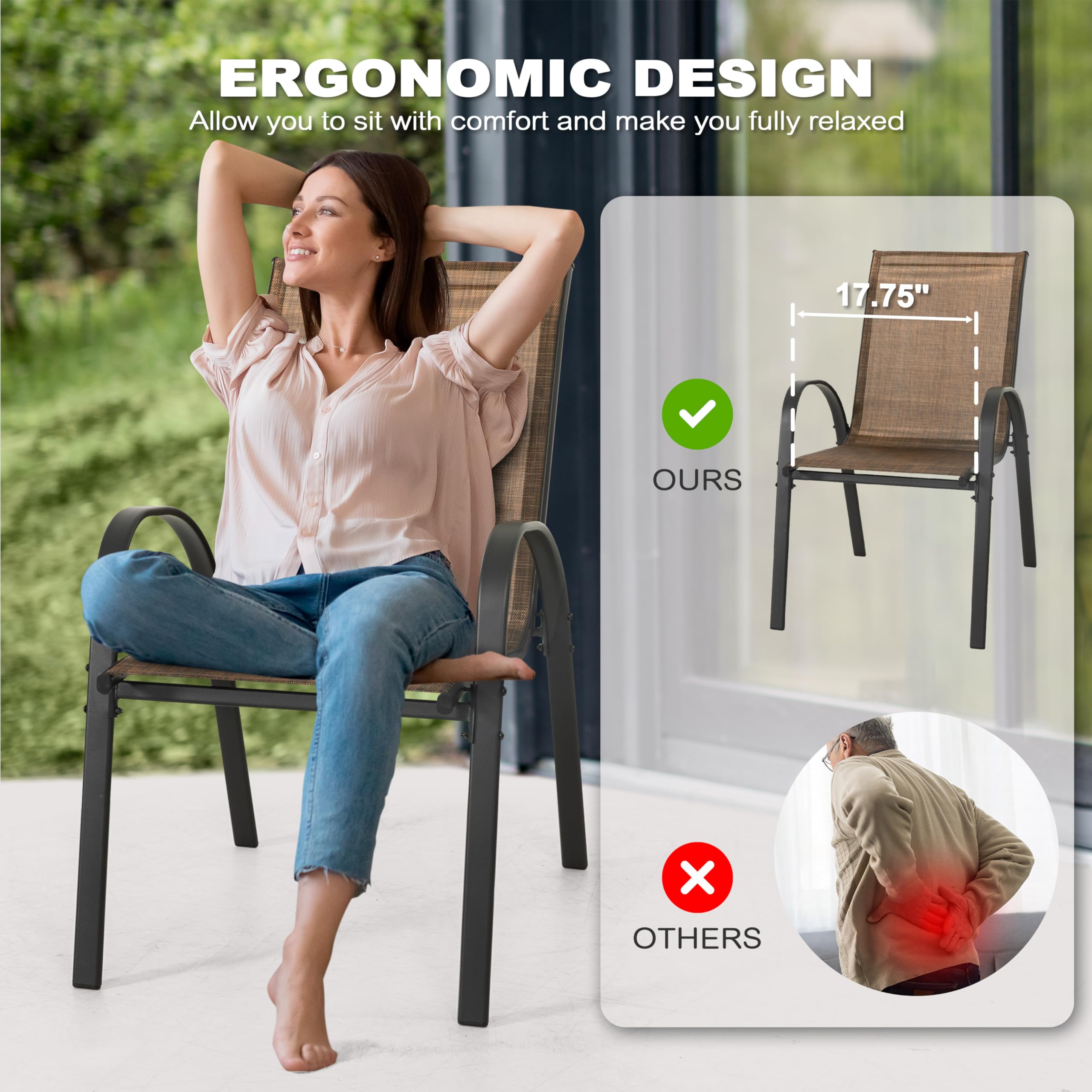 NUU GARDEN Patio Dining Chairs Set of 4 - Stackable Outdoor Chairs with High Back, All-Weather Textilene & Durable Metal Frame - Breathable Garden Chairs for Backyard, Deck, Poolside - Perfect for Outdoor Dining, Lounging & Entertaining (Brown)