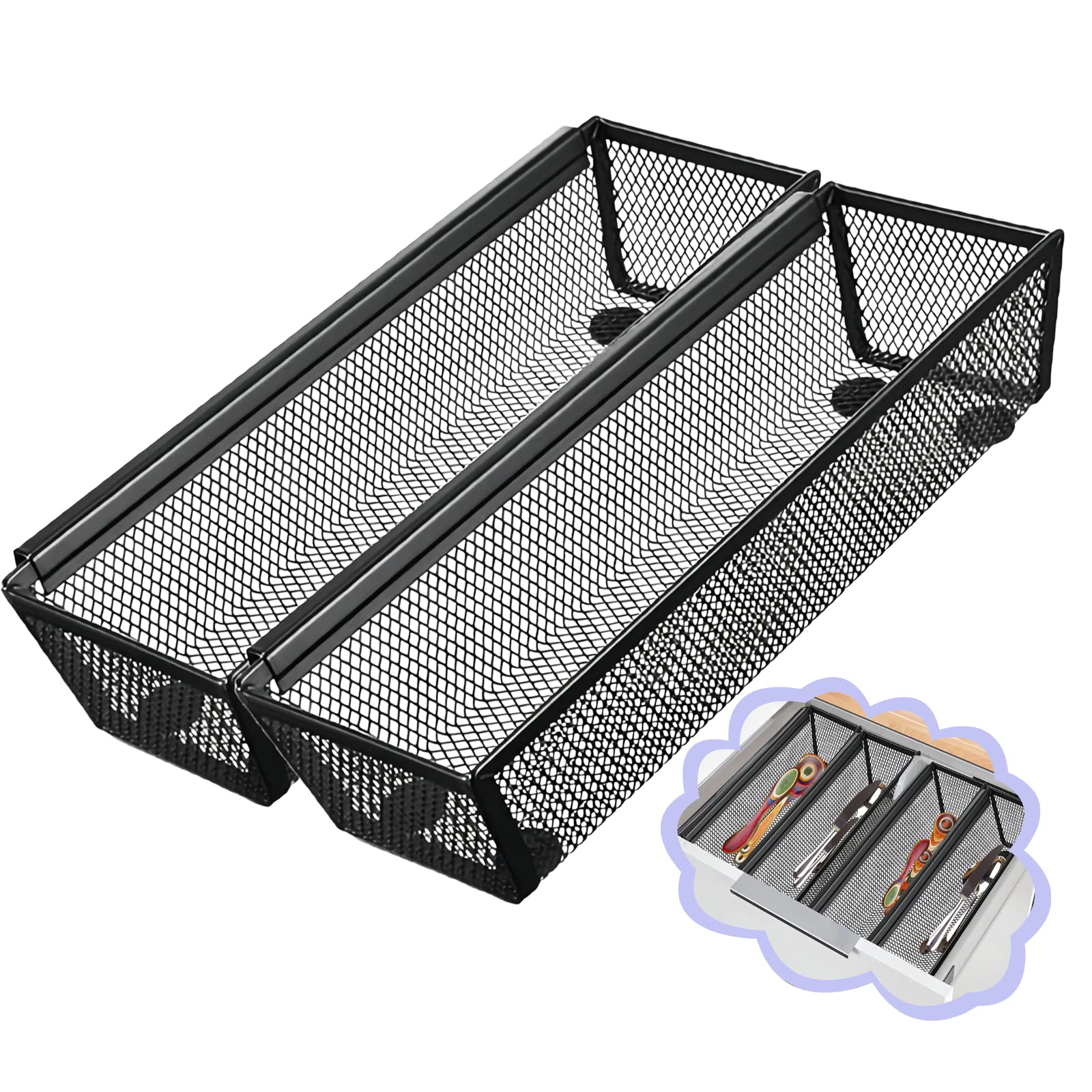 2-Pack Black Mesh Drawer Organizers for Kitchen Utensils, Flatware, Cosmetics & Pens - 9x3x2 Inches with Interlocking Arms - Space Saving Storage Solution for Home, Office & Bathroom Organization