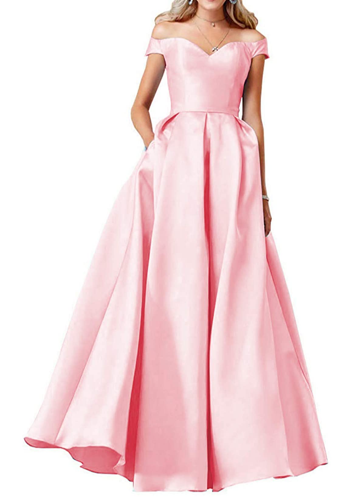 Evabirdal Women's Off The Shoulder Prom Dress - Long Satin Formal Evening Gown with Pockets - Elegant Homecoming, Wedding Guest & Special Occasion Outfit