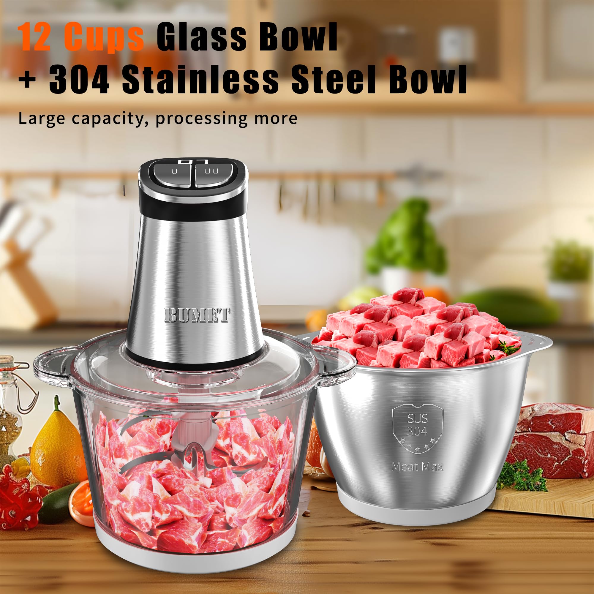 800W Electric Food Processor & Meat Grinder - 2x12 Cups Capacity with LED Timer, 6 Blades & 3 Layers - Perfect for Mincing, Pureeing Vegetables - Ideal for Home Kitchen, Pet Food & Baby Food Preparation by BUMET | Great for Meal Prep, Smoothies & Healthy Cooking