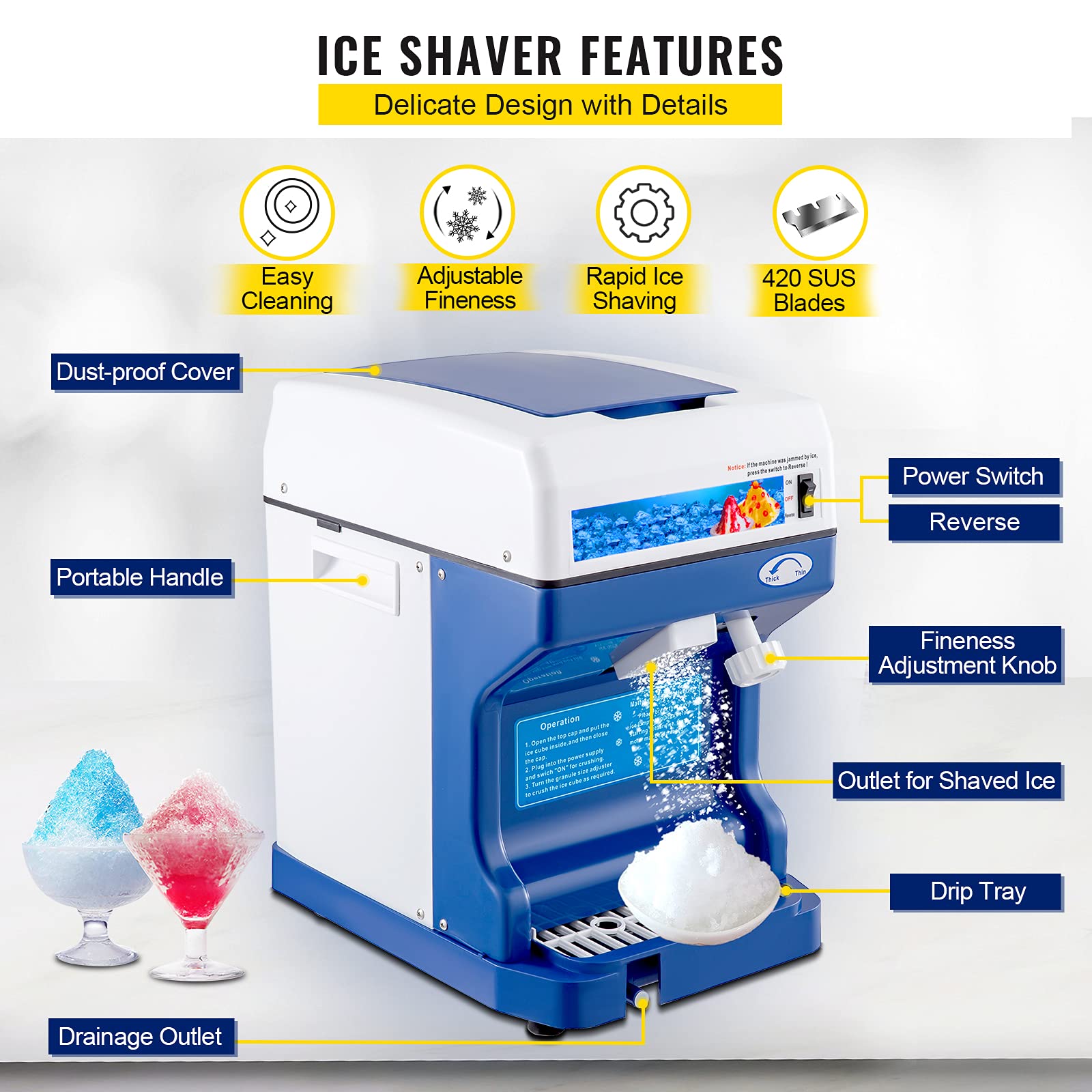VEVOR 110V 500W Electric Shaved Ice Machine - Adjustable Ice Texture, 265LBs/hr Commercial & Home Use - Perfect for Snow Cones, Cocktails, and Party Treats