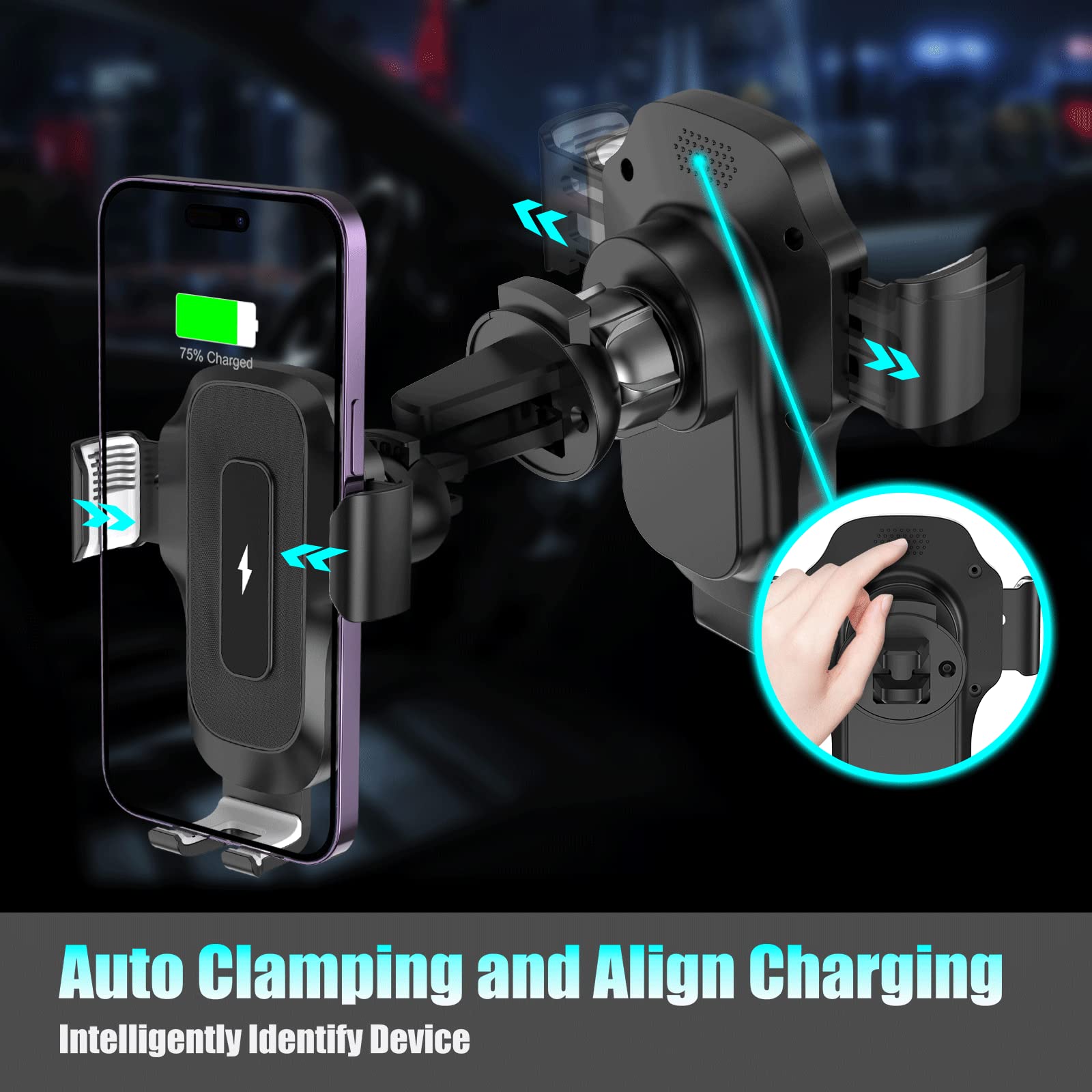 AMLINK 15W Qi Fast Wireless Car Charger - Auto Clamping Phone Holder Mount for iPhone 14/13/12/11 Pro Max & Samsung Galaxy S23 Ultra/S22/S21+/S10+/Note 20 - Secure Air Vent Charging for Safe Driving & Hands-Free Navigation