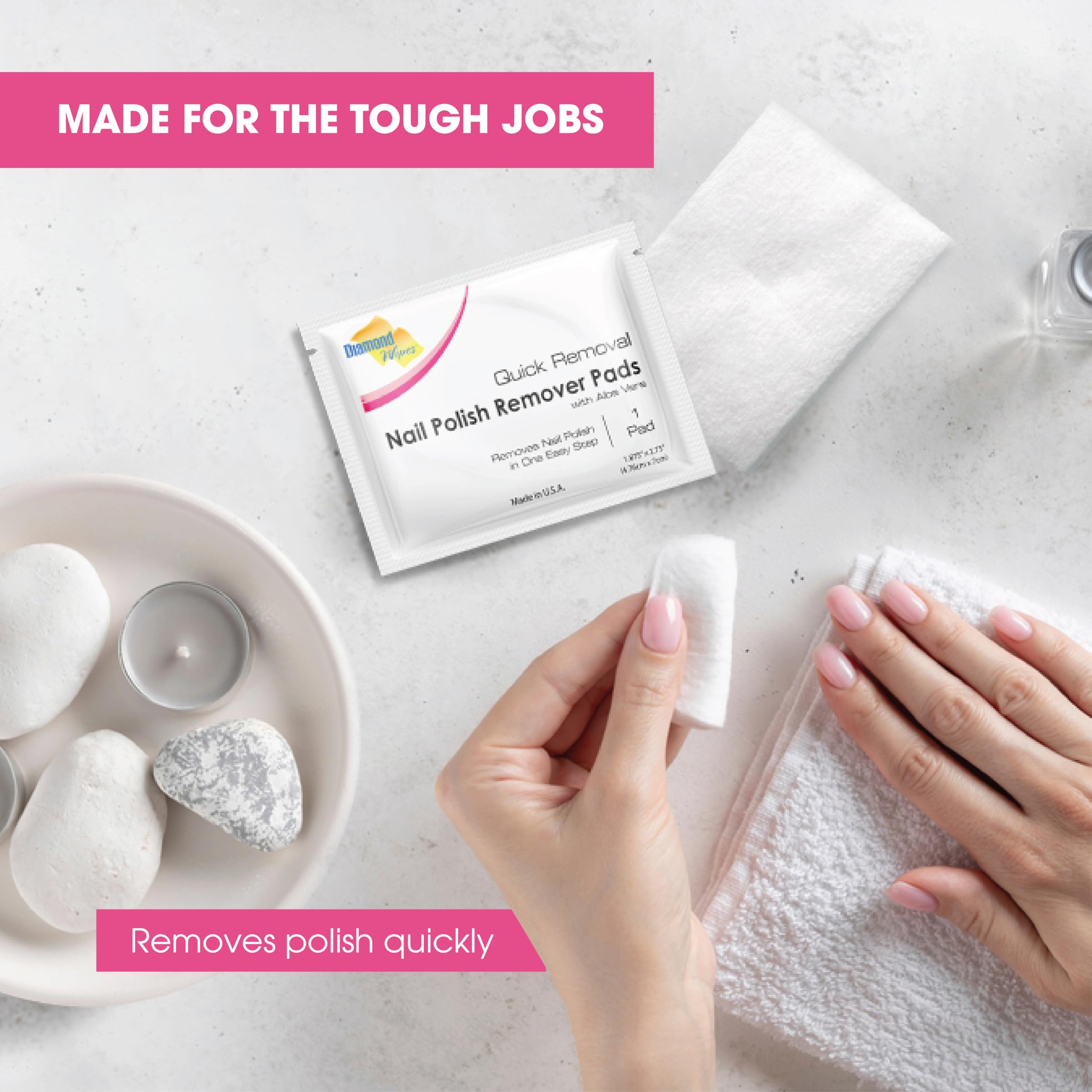 Diamond Wipes Acetone Nail Polish Remover Pads with Aloe Vera - 500 Count Individually Wrapped Wipes for Salon, Travel & At-Home Manicures