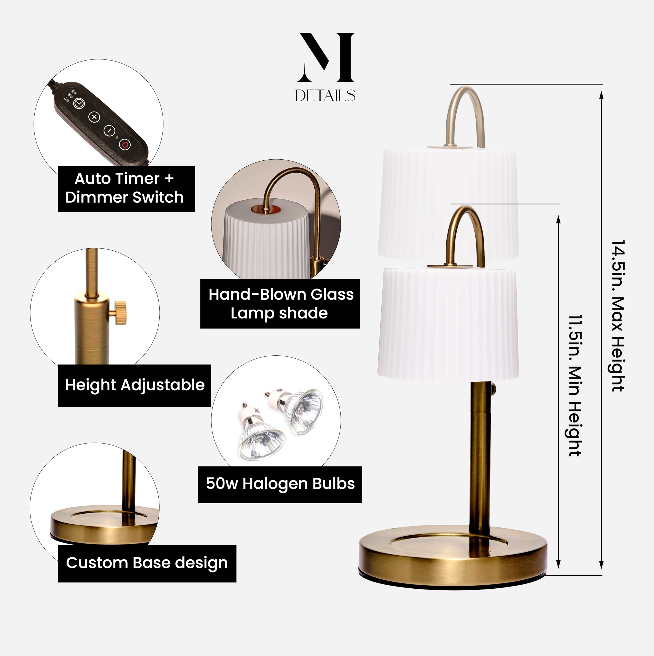 Dimmable Glass Candle Warmer Lamp with Timer - Adjustable Height Wax Melter for Scented Candles (8H/4H/2H Timer) - Gold Metal Base with 2 Bulbs - Perfect Gift for Home, Office & Romantic Ambiance