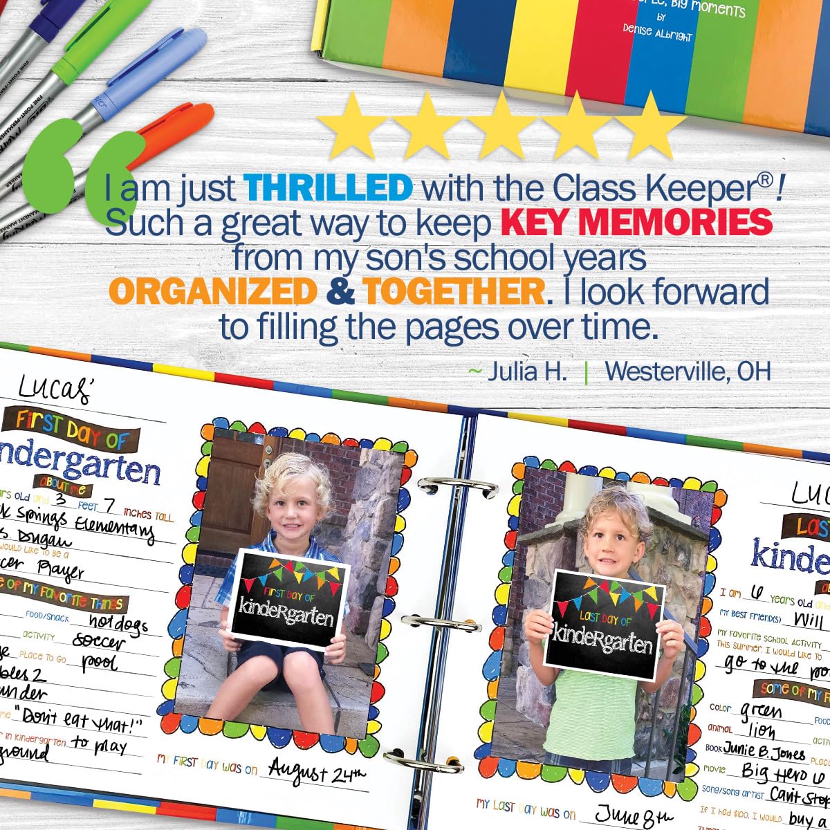 Class Keeper School Memory Kit with Photo Props & Sticker Set - Primary Stripes Design for Classroom Keepsakes, Yearbook Photos & Teacher Gifts