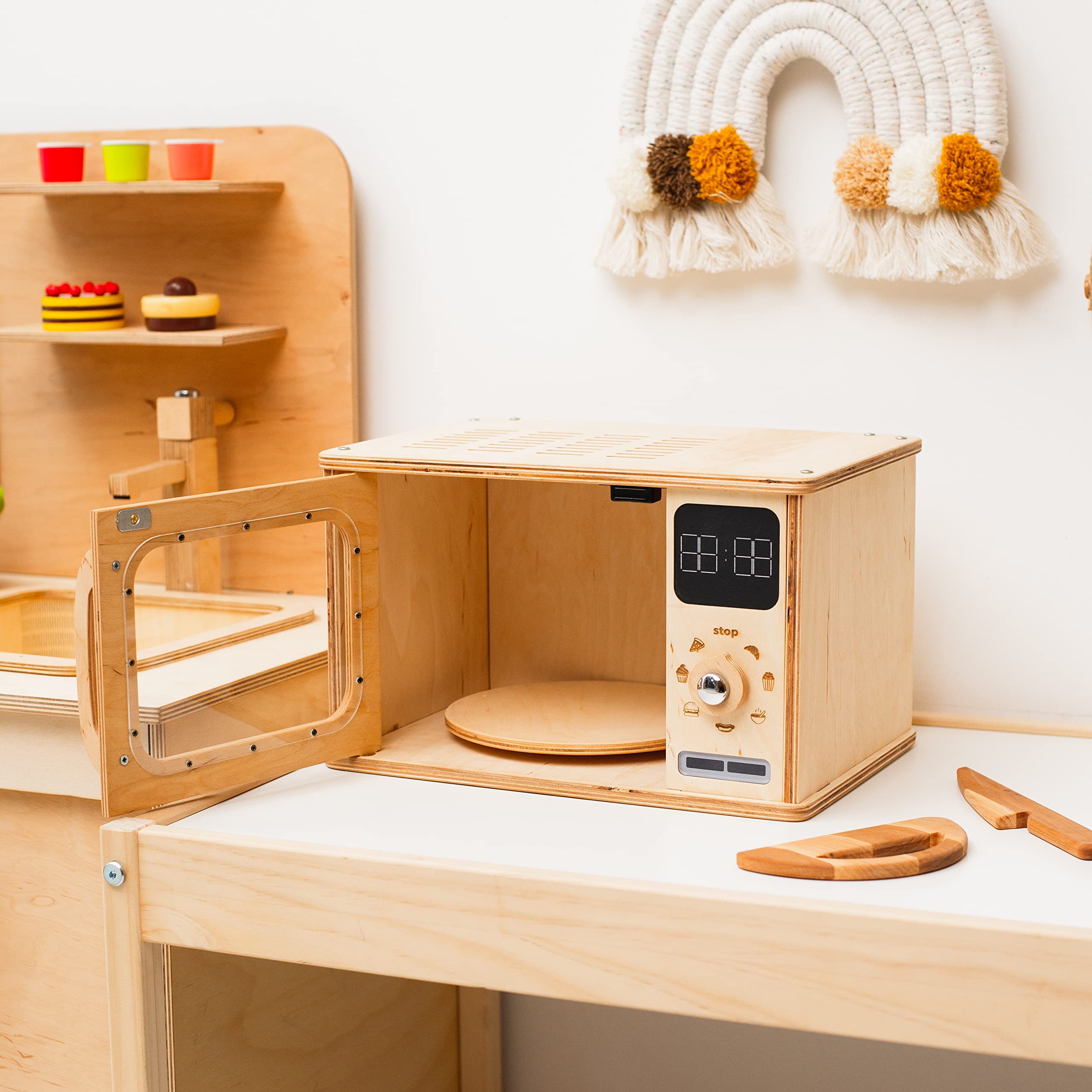 Montessori Wooden Kids Microwave Oven Toy - Natural Wood Play Kitchen for Toddlers 2-3 Years | Pretend Play, Learning Toy, Nursery Decor & Birthday Gift (Dark Walnut) - Perfect for Playrooms, Daycares & Montessori Classrooms
