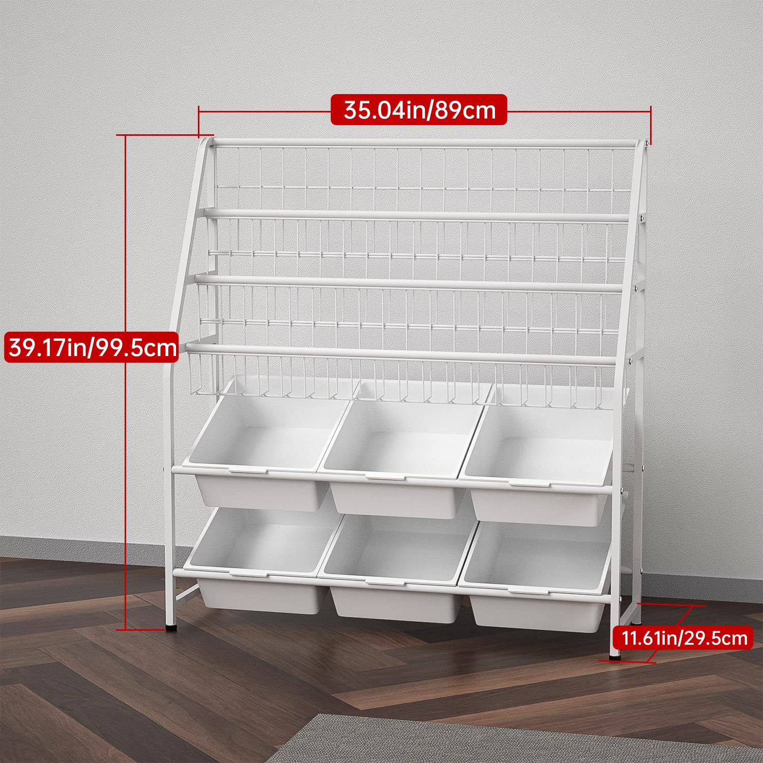 JAQ Kids Bookshelves with Storage Bins - 3-Tier Metal Bookcase & 2-Tier Storage Organizer for Nursery, Playroom & Study Room - White 5-Tier Bookshelf (39.17 Inch) - Perfect for Preschoolers' Toy Storage & Book Display