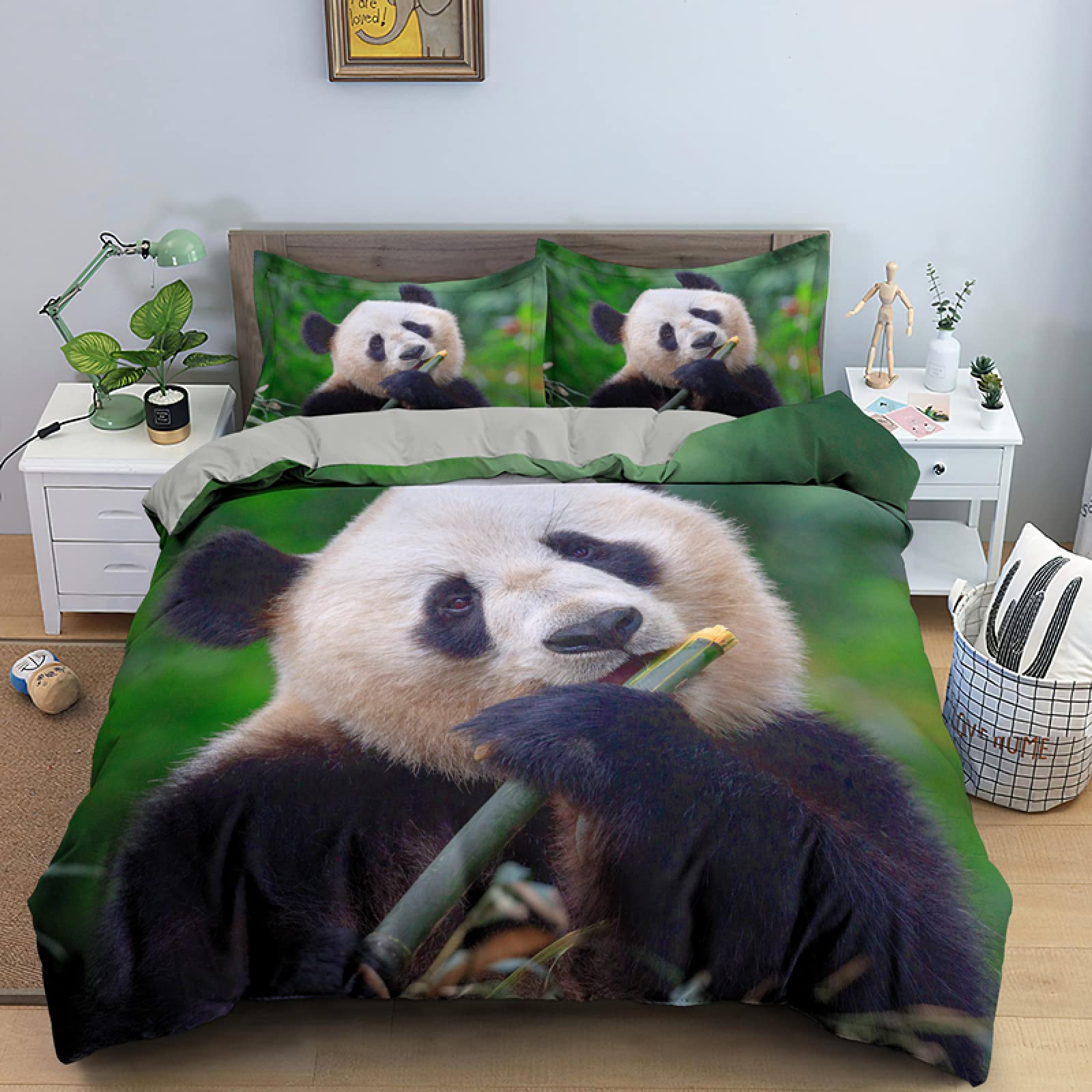 Queen Size Panda Print Comforter Set - 110g/㎡ Soft Microfiber Duvet Cover with 2 Pillowcases (20x36 Inches) - Green Panda Design for Kids' Bedroom, Boys & Girls Bedding - Perfect for Children's Room Decor & Cozy Sleep