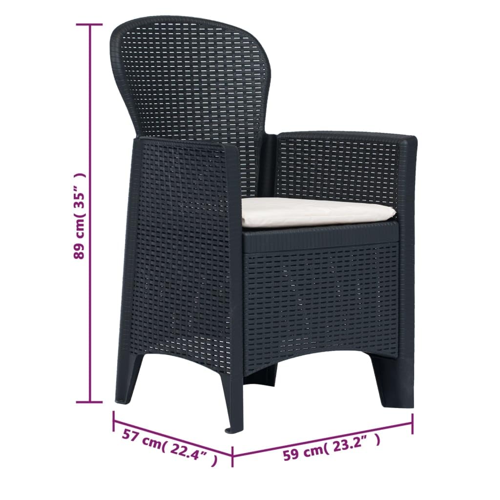 vidaXL 3-Piece Patio Bistro Set - Outdoor Rattan Dining Table & Chairs with Cushions, Anthracite Plastic Garden Furniture for Backyard, Deck, or Balcony