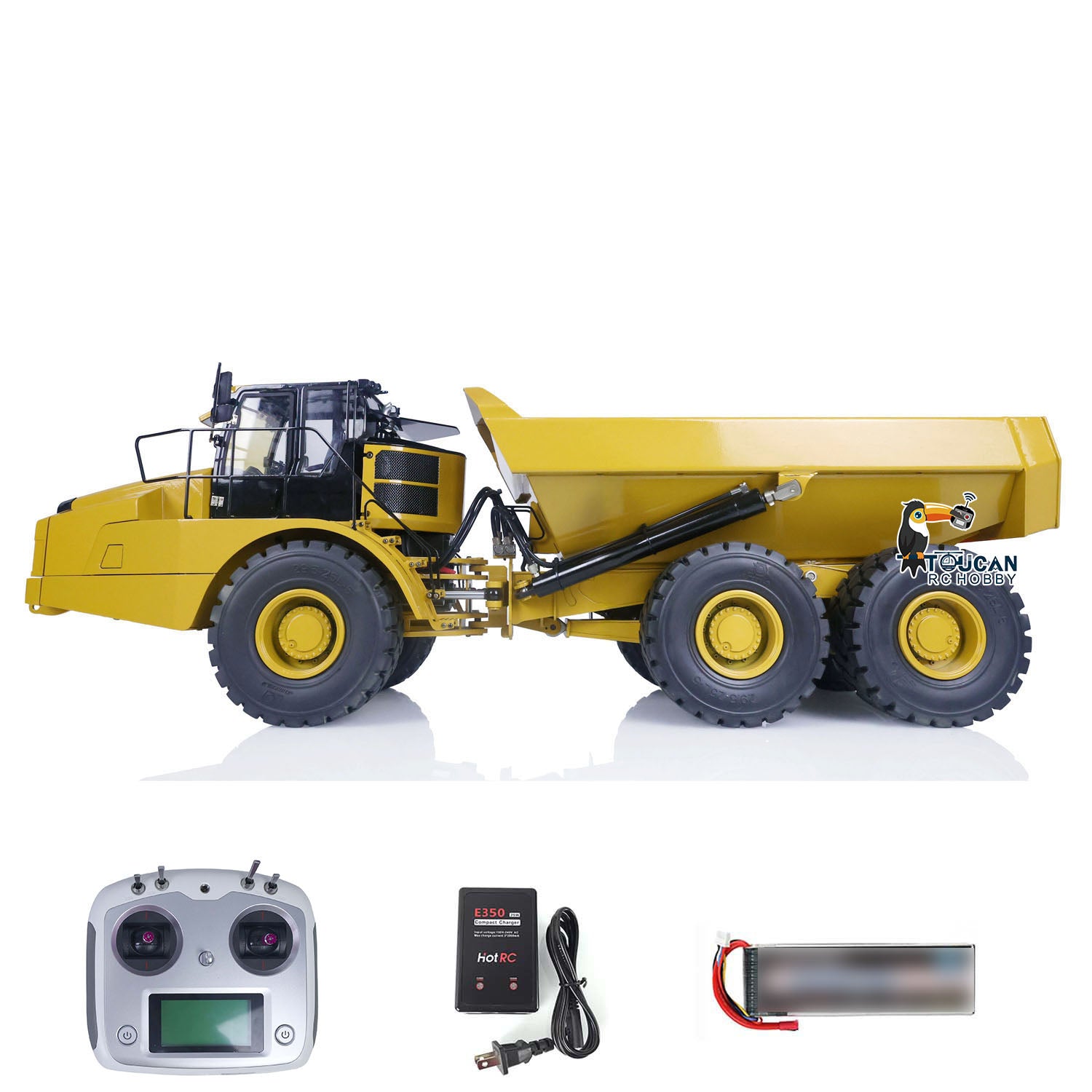 1/14 Scale Ready-To-Run DIM 745D Metal Hydraulic RC Articulated Dump Truck - 6×6 All-Wheel Drive with Light & Sound Effects, Detailed Cab Interior - Perfect for Construction Site Play, RC Hobby Collection, and Outdoor Adventure Activities