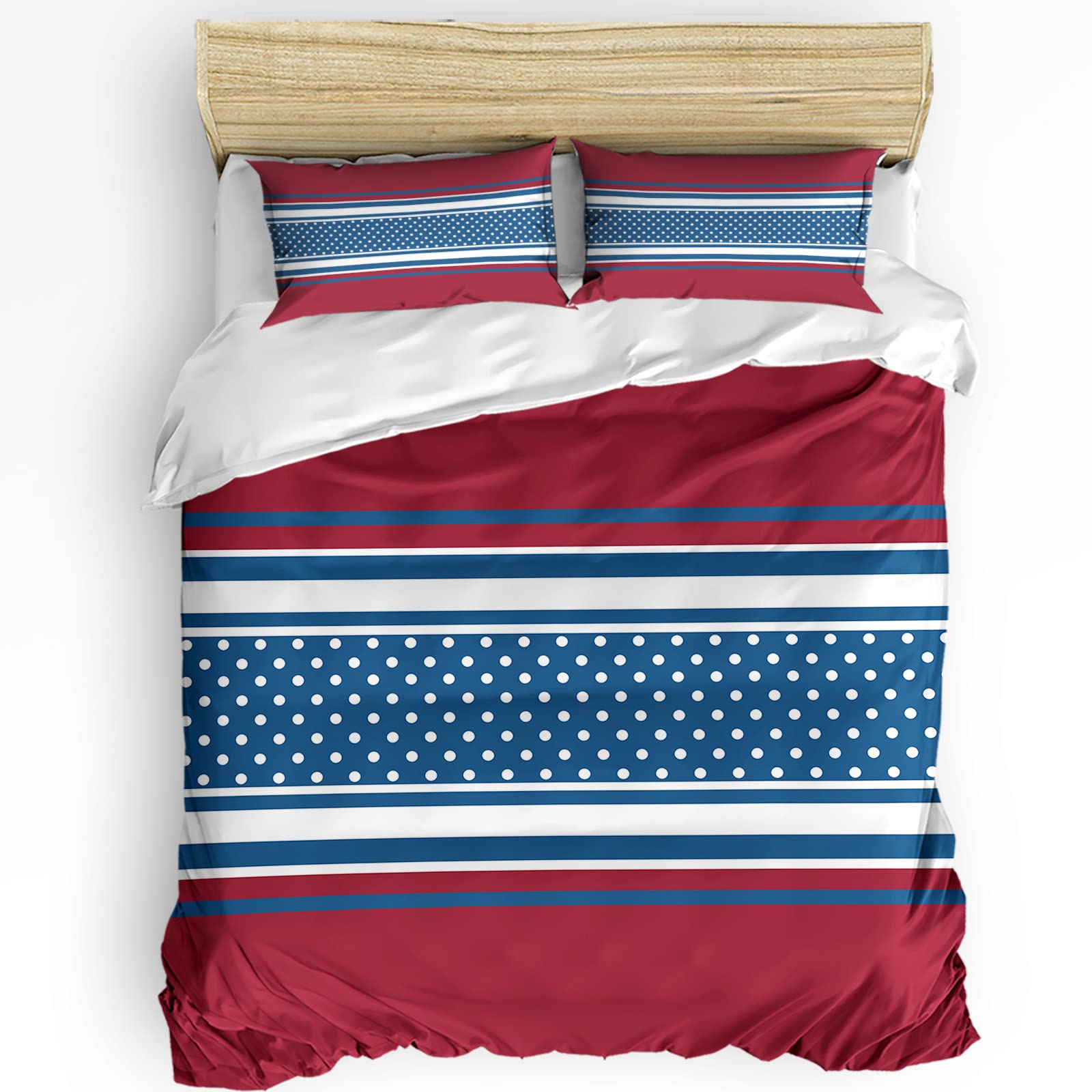 Geometric Pattern Duvet Cover Set - 3 Piece Queen Size Bedding Set with Red Navy Stripe & Polka Dot Design (1 Duvet Cover + 2 Pillowcases) for Modern Bedroom Decor | Perfect for Guest Rooms, Master Bedrooms & Airbnb Styling