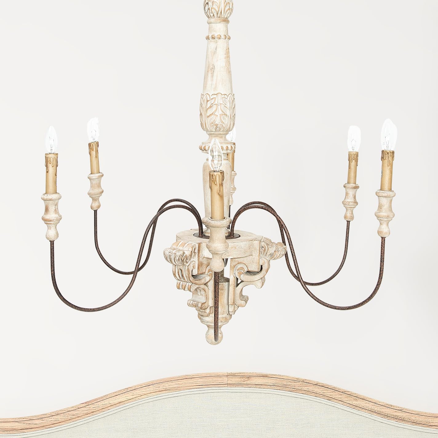Creative Co-Op 6-Light Wood & Metal Chandelier in Off-White - Rustic Farmhouse Ceiling Lighting Fixture for Dining Room, Bedroom, or Living Room