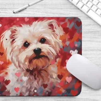 Non-Slip Rubber Mouse Pad with Maltese Dog & Red Hearts Pattern - Cute Puppy in Love Design for Home, Office, Work Desk, Computer & Laptop - Perfect Gift for Dog Lovers (Ideal for Gaming, Work & Study)