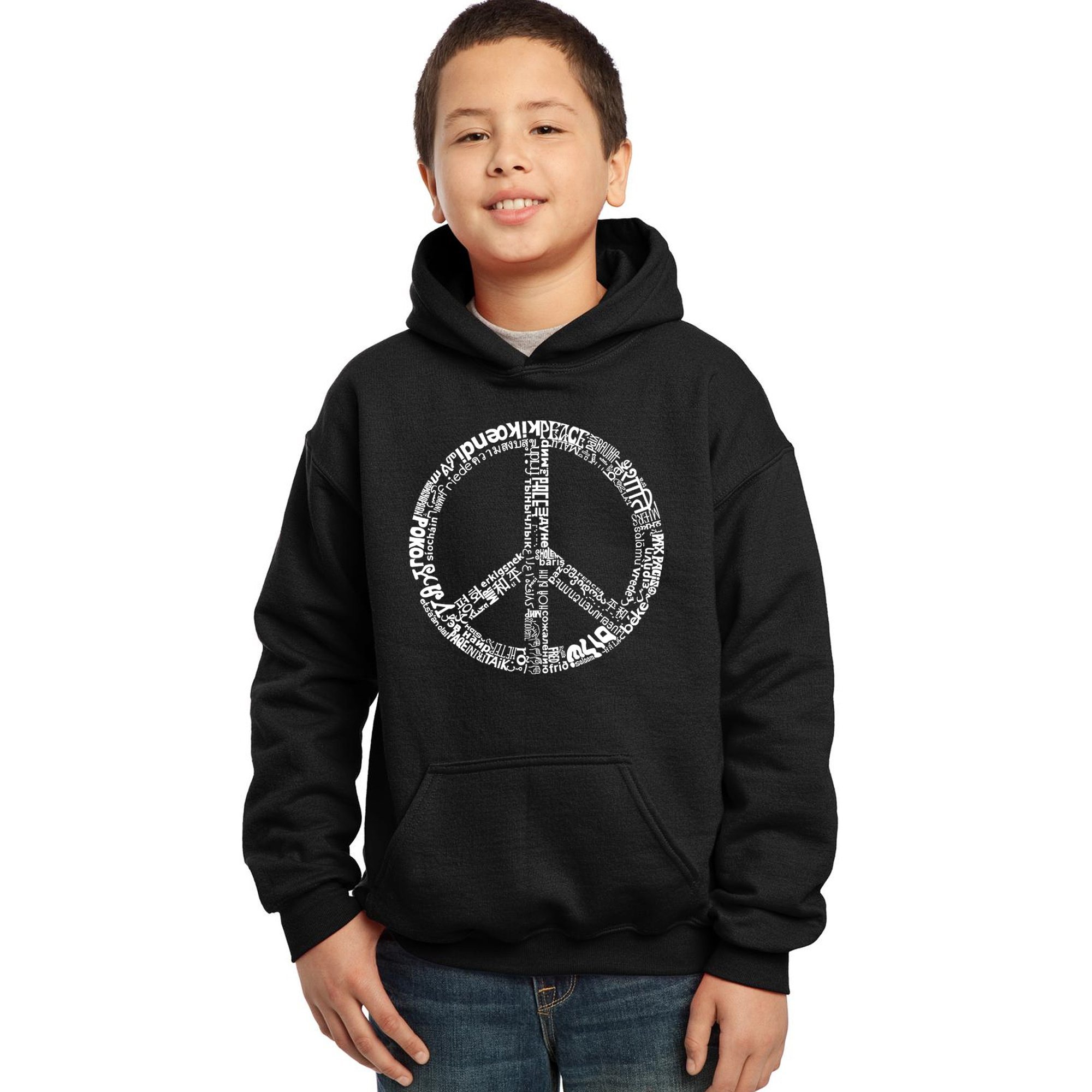 LA POP ART Boys' Word Art Hooded Sweatshirt - Peace in 20 Languages | Trendy Graphic Pullover for Teens | Perfect for School, Streetwear & Casual Outfits