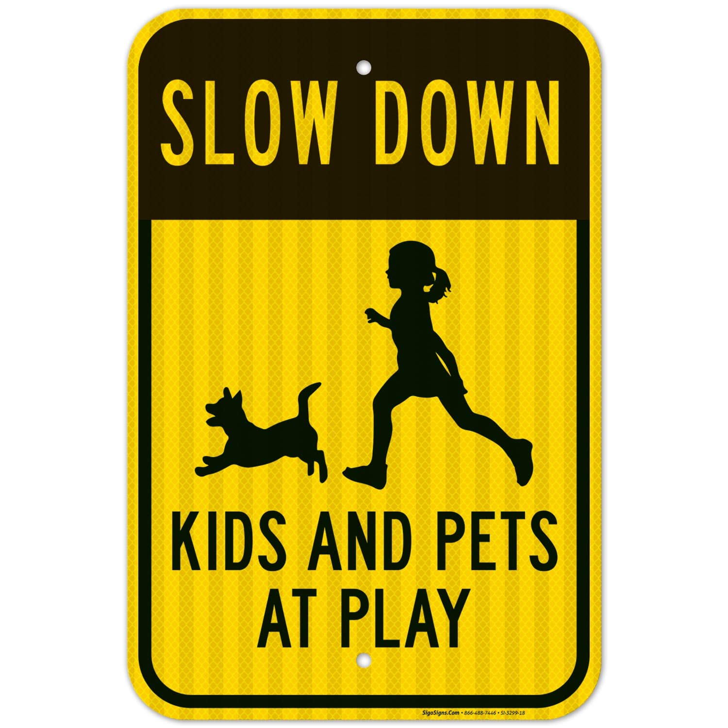 Slow Down Kids and Pets at Play Sign - 12x18 Inch Reflective Aluminum Traffic Sign - 3M EGP .063 Fade-Resistant for Indoor/Outdoor Use - Made in USA - Perfect for Neighborhoods, Schools & Driveway Safety