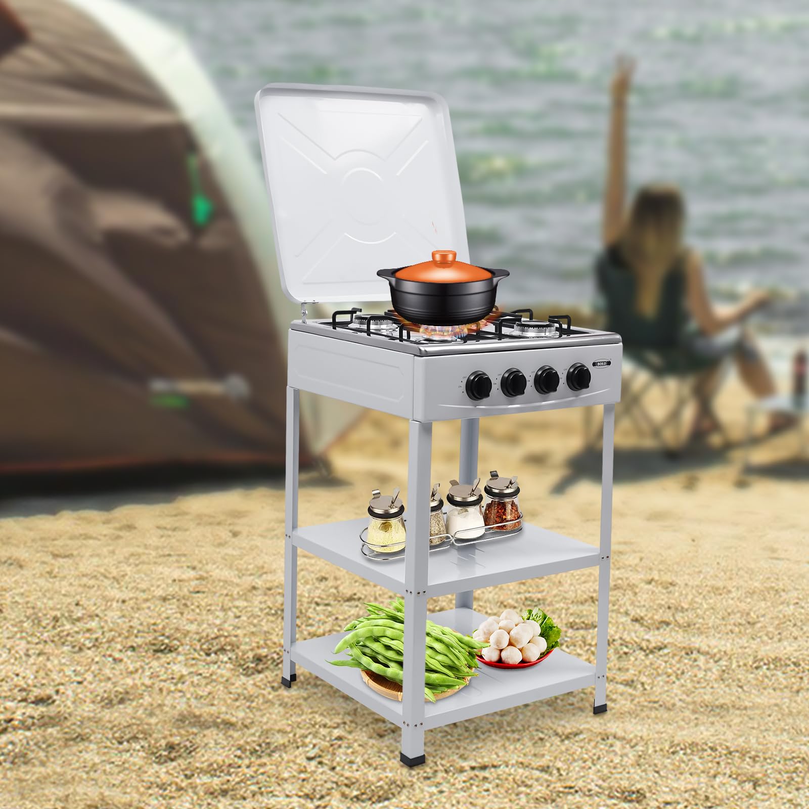 4 Burner Propane Gas Grill Stove - 300,000 BTU Dual Fuel Outdoor Camping & Backyard BBQ Cooker with 2-Tier Storage Rack - Portable Stainless Steel for Home Brewing, Canning, Tailgating & Picnics