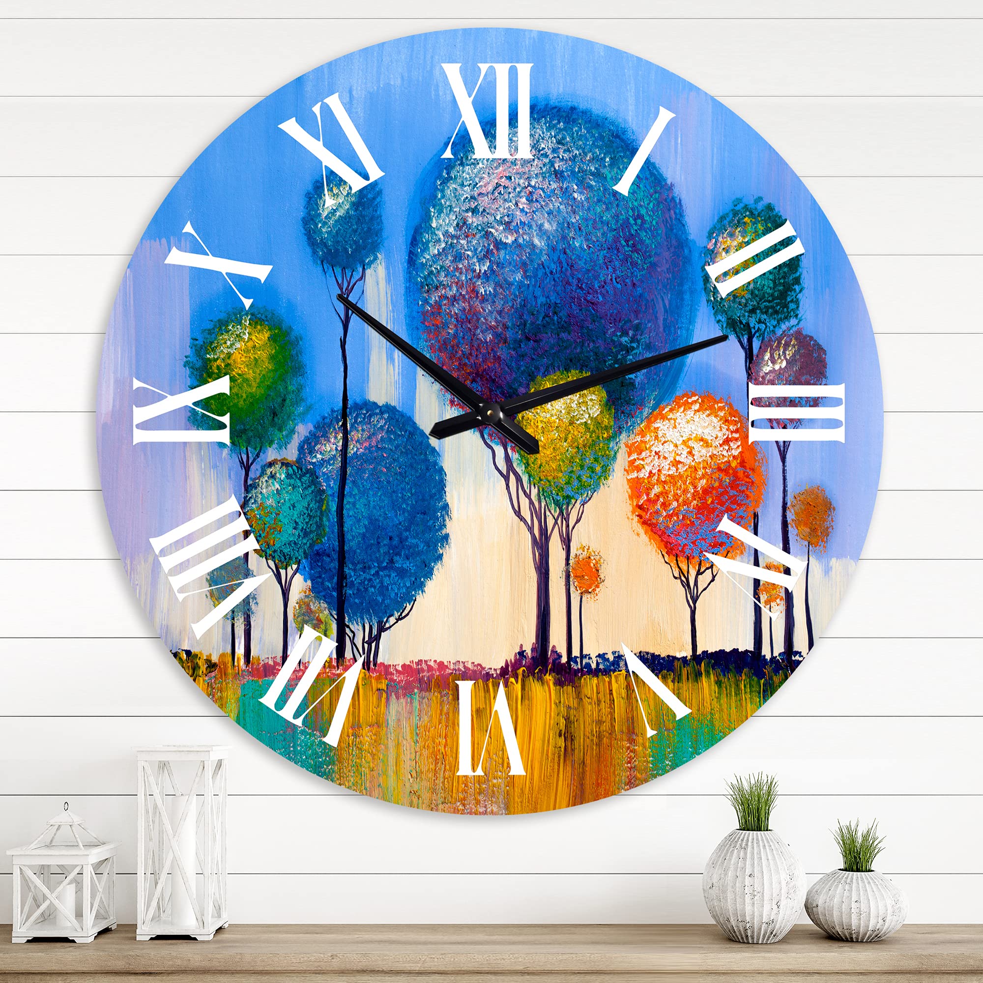 DesignQ Modern Wall Clock - Colorful Trees Impressionist Landscape I - Large Nature Wall Art for Living Room, Bedroom & Office Decor - Perfect for Home, Office & Gift Giving