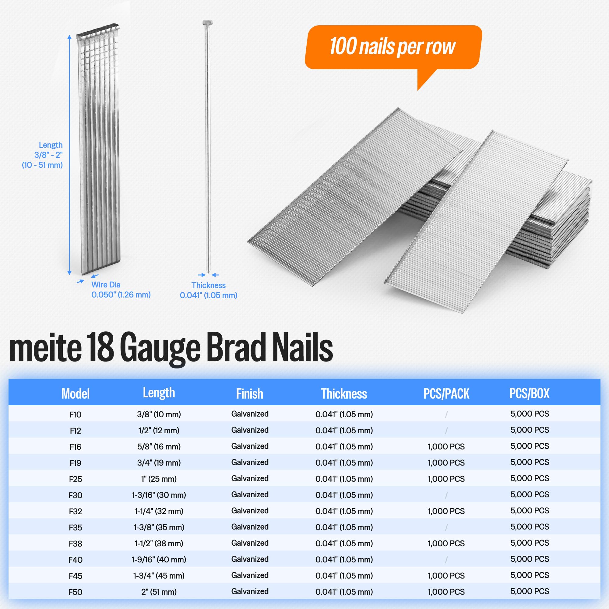 Meite 18 Gauge Brad Nails 1-1/2 Inch (5,000 Count) - Galvanized Nails for Pneumatic & Electric Brad Nailer Guns - Perfect for Trim Work, Cabinetry, and Woodworking Projects