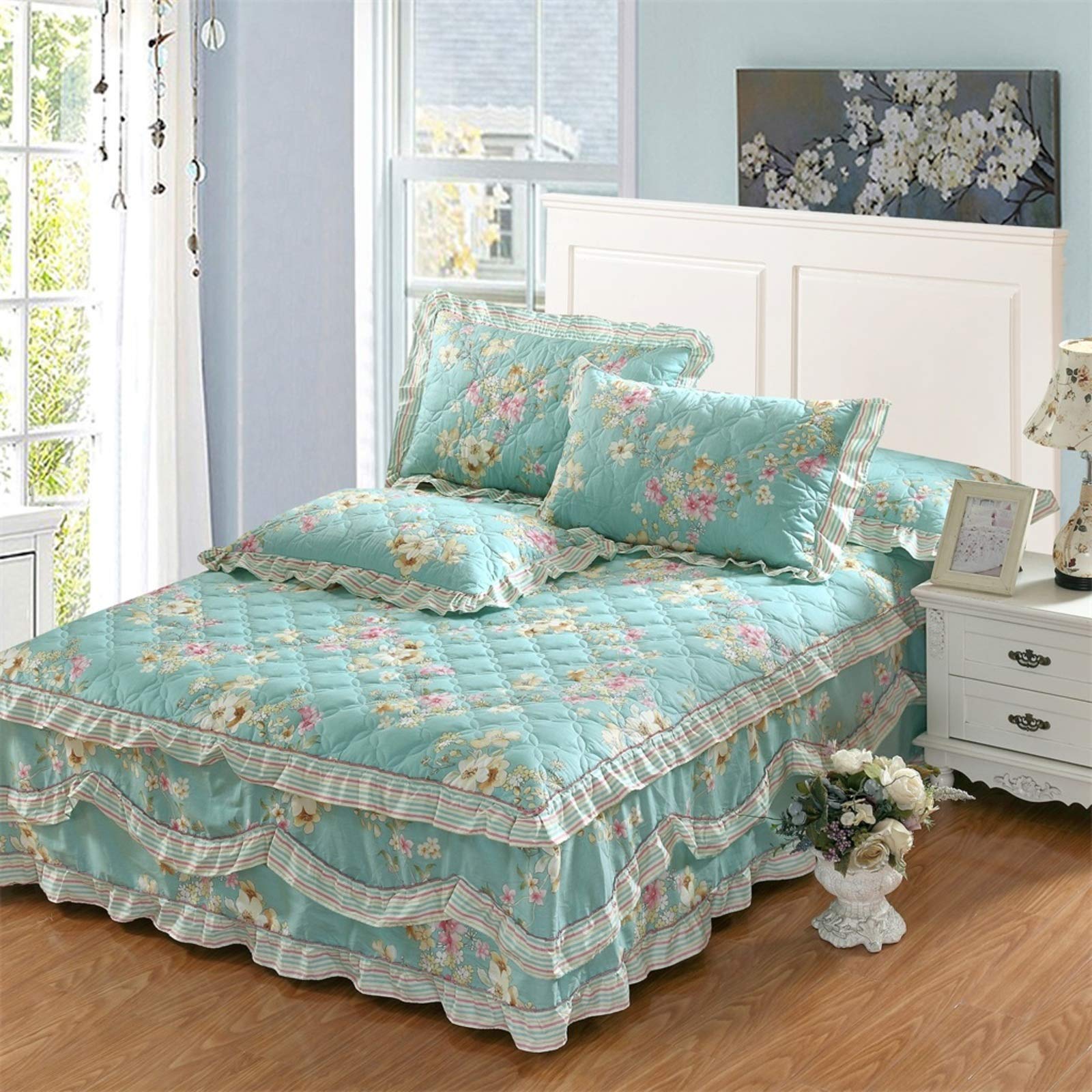Cotton Printed Pleated Bed Skirt with Ruffle Trim - Twin/Full/Queen/King Size Bedspread Set (150x200cm) - 3-Side Coverage Dust-Proof Sheet Protector for Bedroom Decor & Mattress Protection