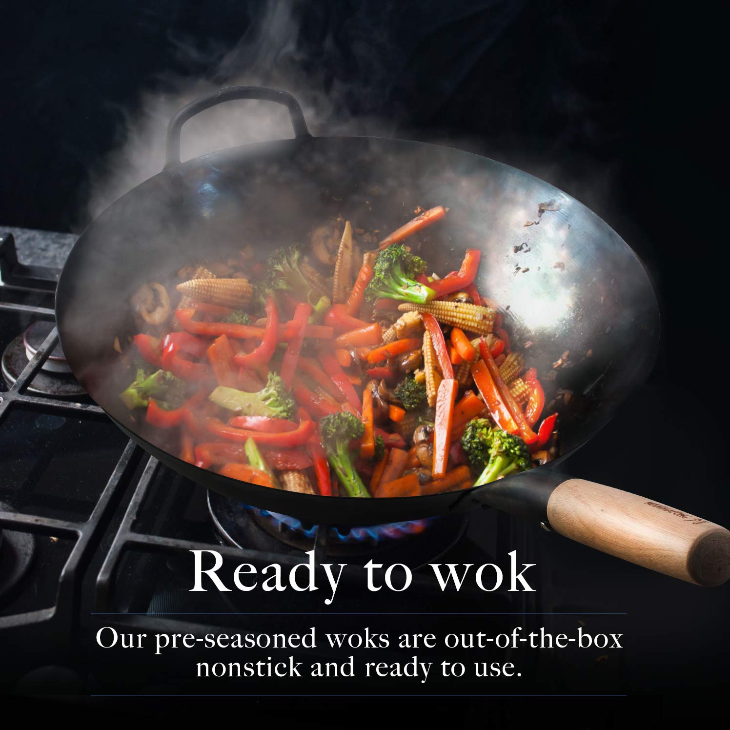 14 Inch Mammafong Pre-Seasoned Blue Carbon Steel Wok - Traditional Hand-Hammered Flat Bottom Stir Fry Pan for Chinese Cooking | Perfect for Searing, Stir-Frying & Deep Frying in Home Kitchens