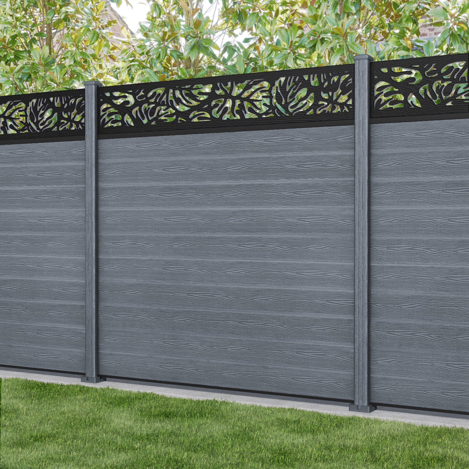 Classic Botanic Fence Panel in Anthracite with Composite Posts - Durable Garden Privacy Screen for Backyard, Patio & Landscaping