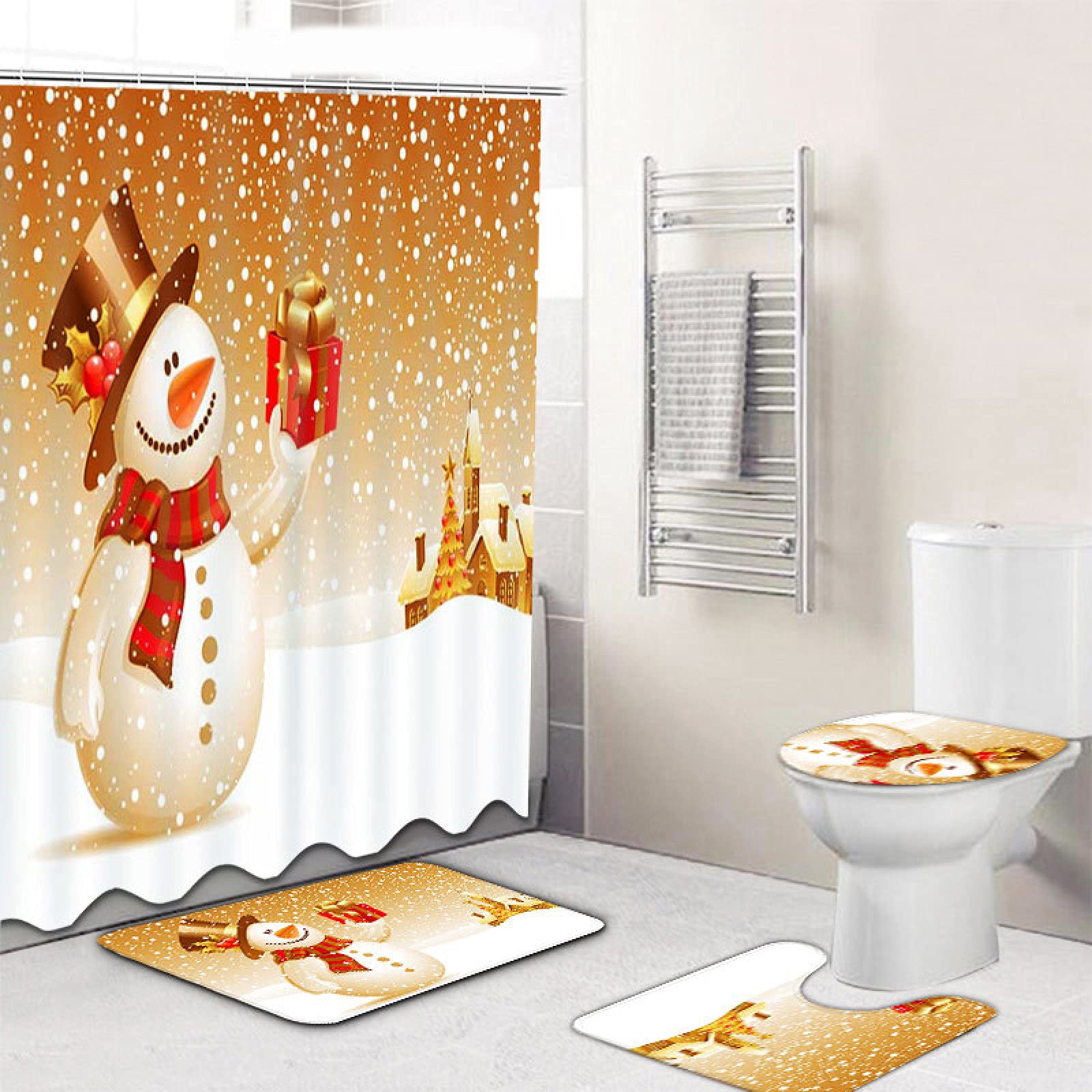 BKSTJ 4-Piece Snowman Print Shower Curtain Set with Non-Slip Bath Mat - Waterproof Bathroom Decor for Christmas, Holiday Gift & Winter Home Decor