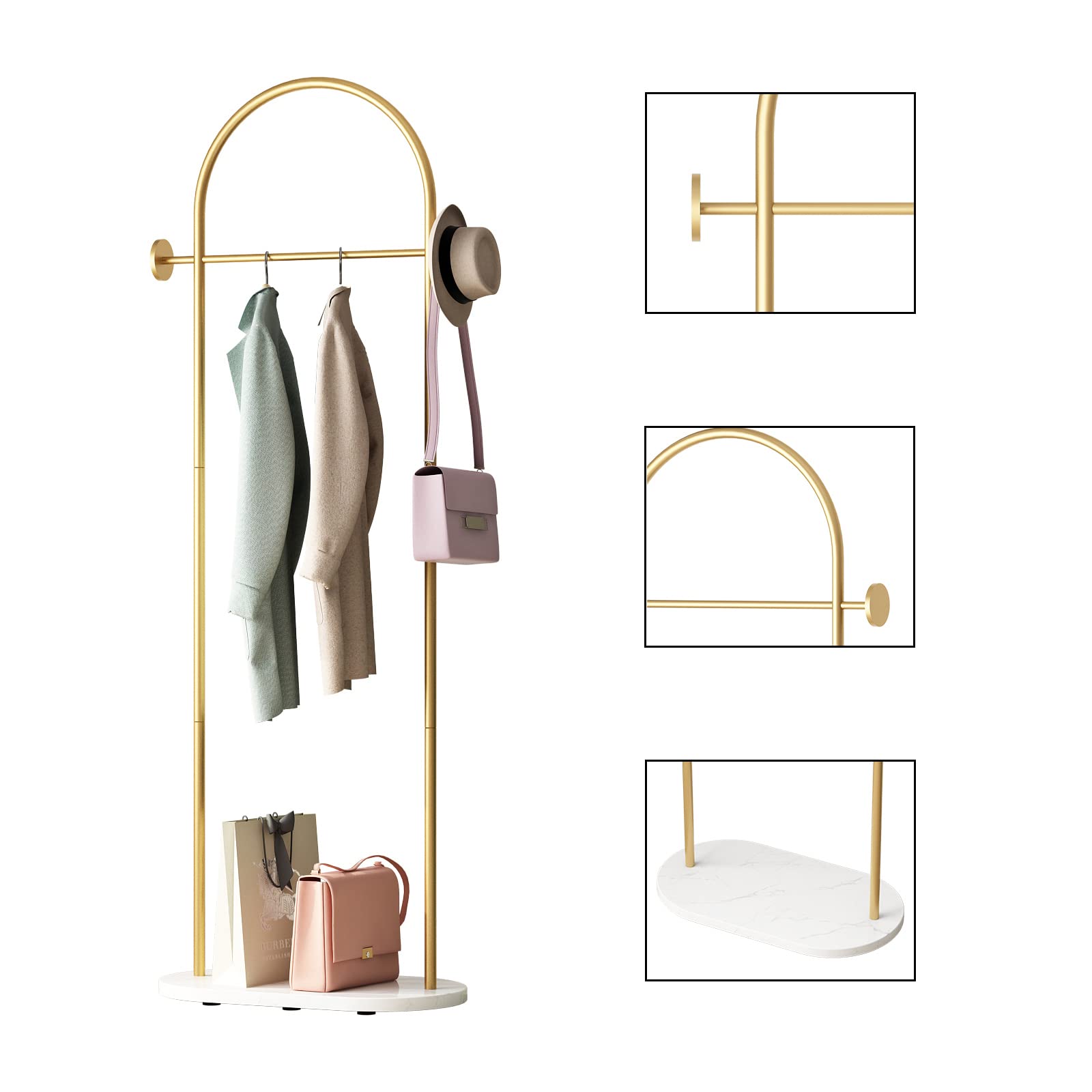 DR.IRON Modern Gold Freestanding Clothes Rack with Shelves - Heavy Duty Coat Hanger Stand with Marble Base & Umbrella Holder for Entryway, Hallway, Office or Bedroom - Perfect for Organizing Jackets, Hats & Accessories in Small Spaces