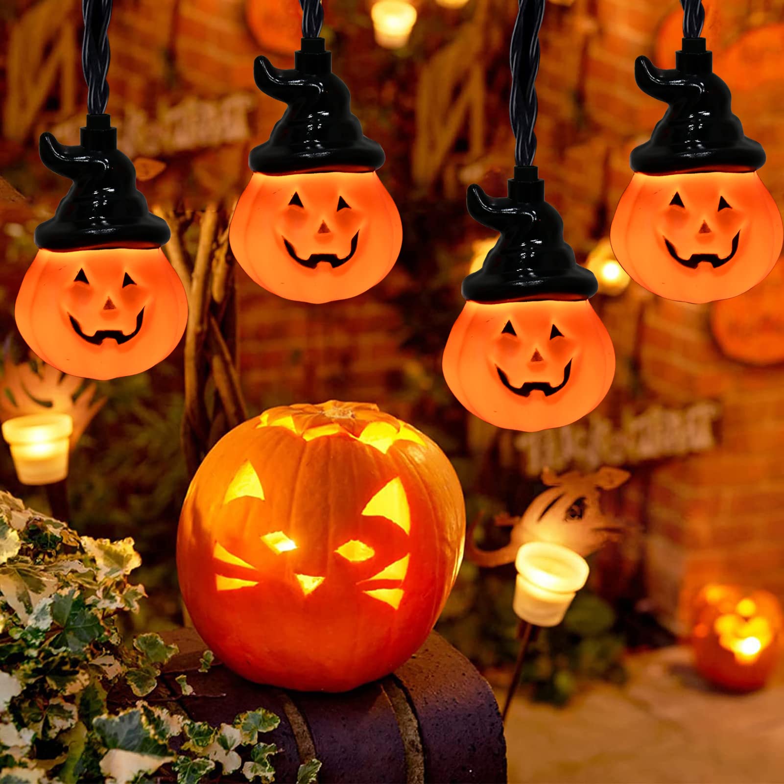 8.5FT Halloween Pumpkin String Lights with Wizard Hat - 10 LED Pumpkin Lights for Indoor Outdoor Decor - Perfect for Halloween Party, Porch, Yard, and Home Decoration