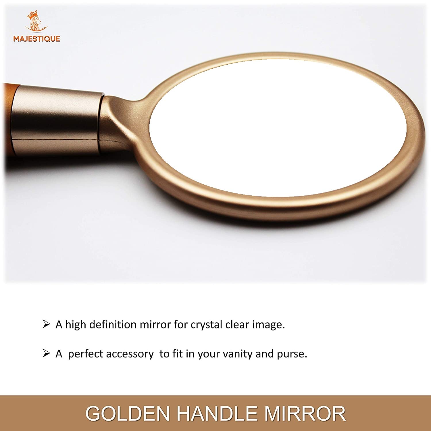MAJESTIQUE 8 Inch Gold Hand Mirror for Makeup - Portable Travel Mirror for Women, Girls | Perfect for Bathroom Vanity, Dressing Table, Shaving & Grooming | Elegant Golden Compact Mirror for Home & Travel Use