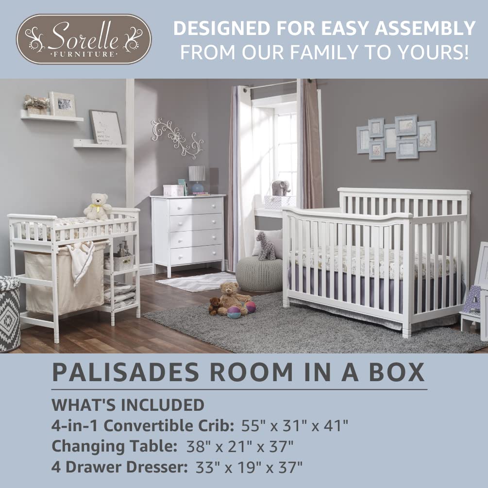 Sorelle Furniture Palisades 3-Piece Nursery Set - White Convertible 4-in-1 Crib, 4-Drawer Dresser & Changing Table with Hamper | Solid Wood Baby Furniture with Non-Toxic Finish | Perfect for Newborns & Toddlers Nursery Decor