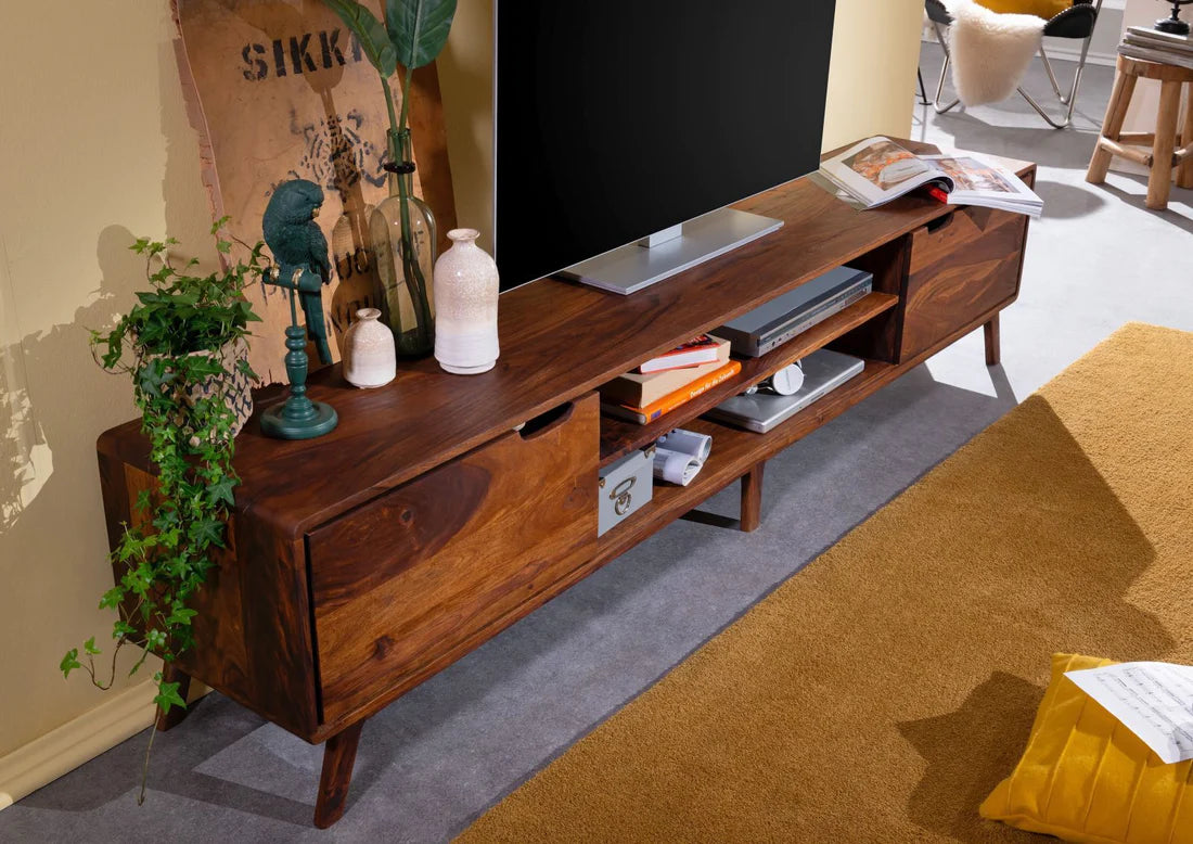 Gfine Solid Sheesham Wood TV Stand with 2 Doors - 175x40x50cm - Modern Entertainment Center for Living Room & Home Theater