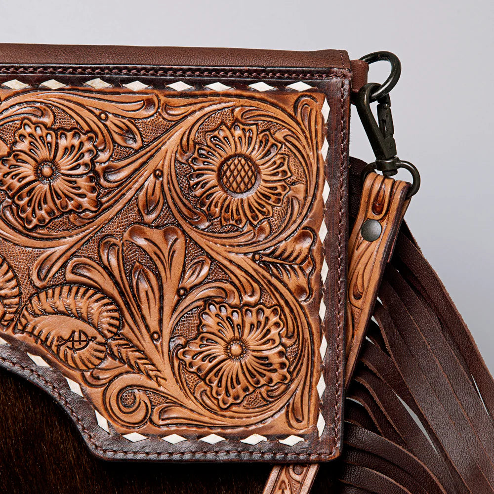 American Darling Genuine Leather Fringe Tooled Crossbody Purse for Women - Boho Chic Handbag for Casual Outings, Music Festivals & Date Nights