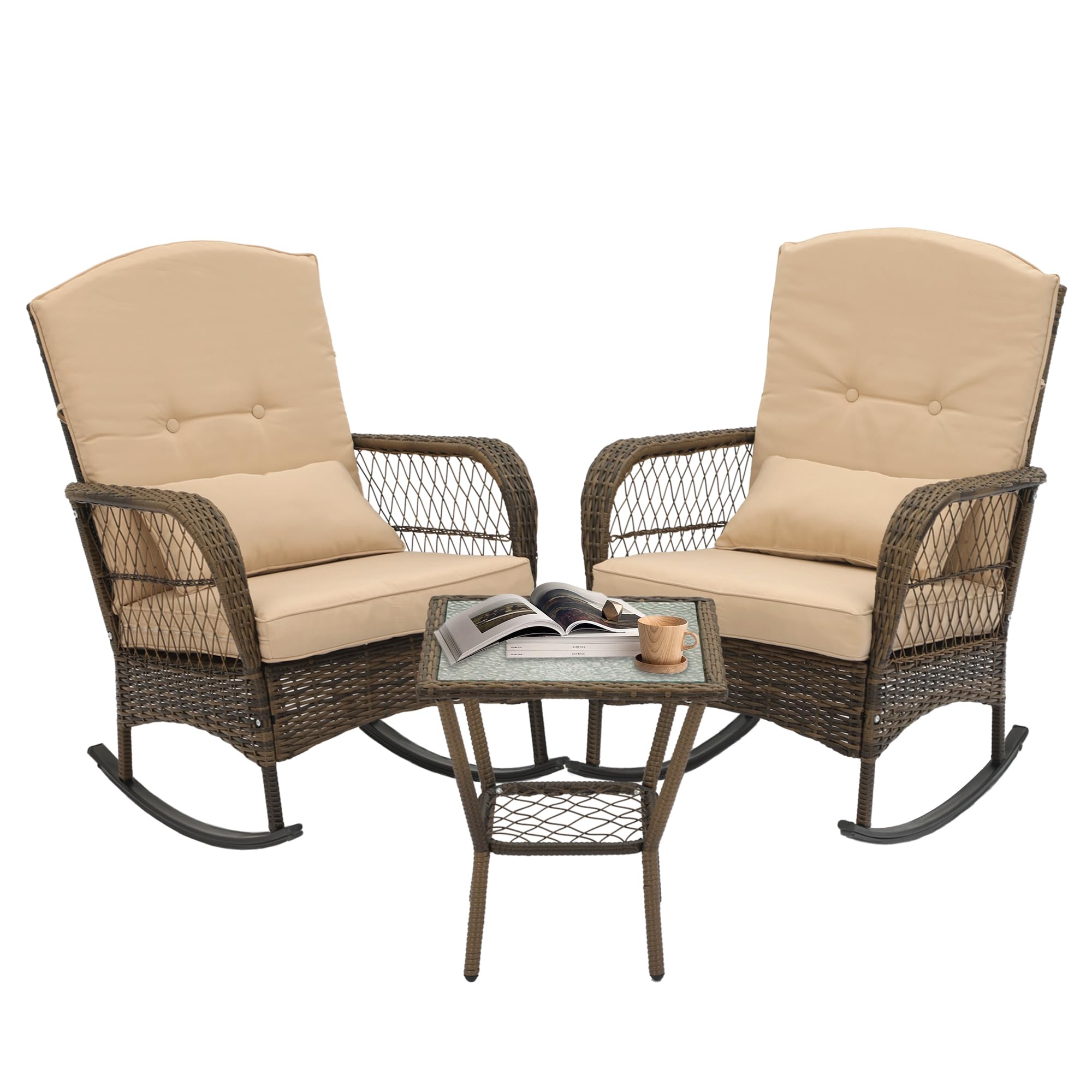 3-Piece Outdoor Wicker Rocking Chair Set with Cushions & Glass-Top Coffee Table - Rattan Patio Conversation Bistro Set for Porch, Backyard, Garden - Beige - Perfect for Relaxing, Entertaining & Outdoor Lounging